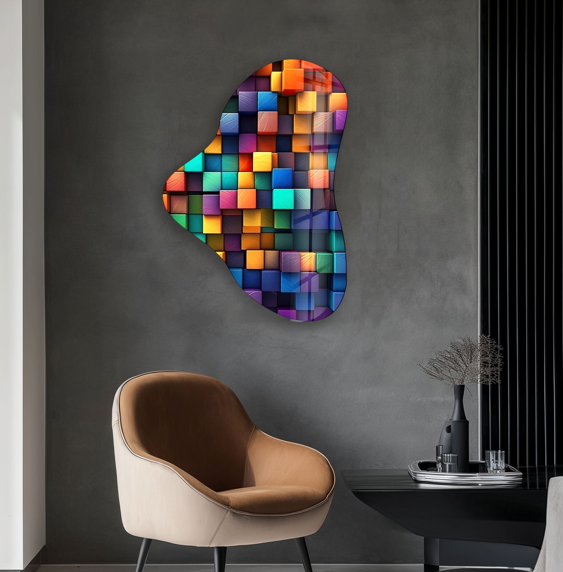 Vibrant Asymmetrical Glass Wall Art - Modern Abstract Cube Decor for Living Room, Bedroom & Office - Handmade 3D Mosaic Tile Mural