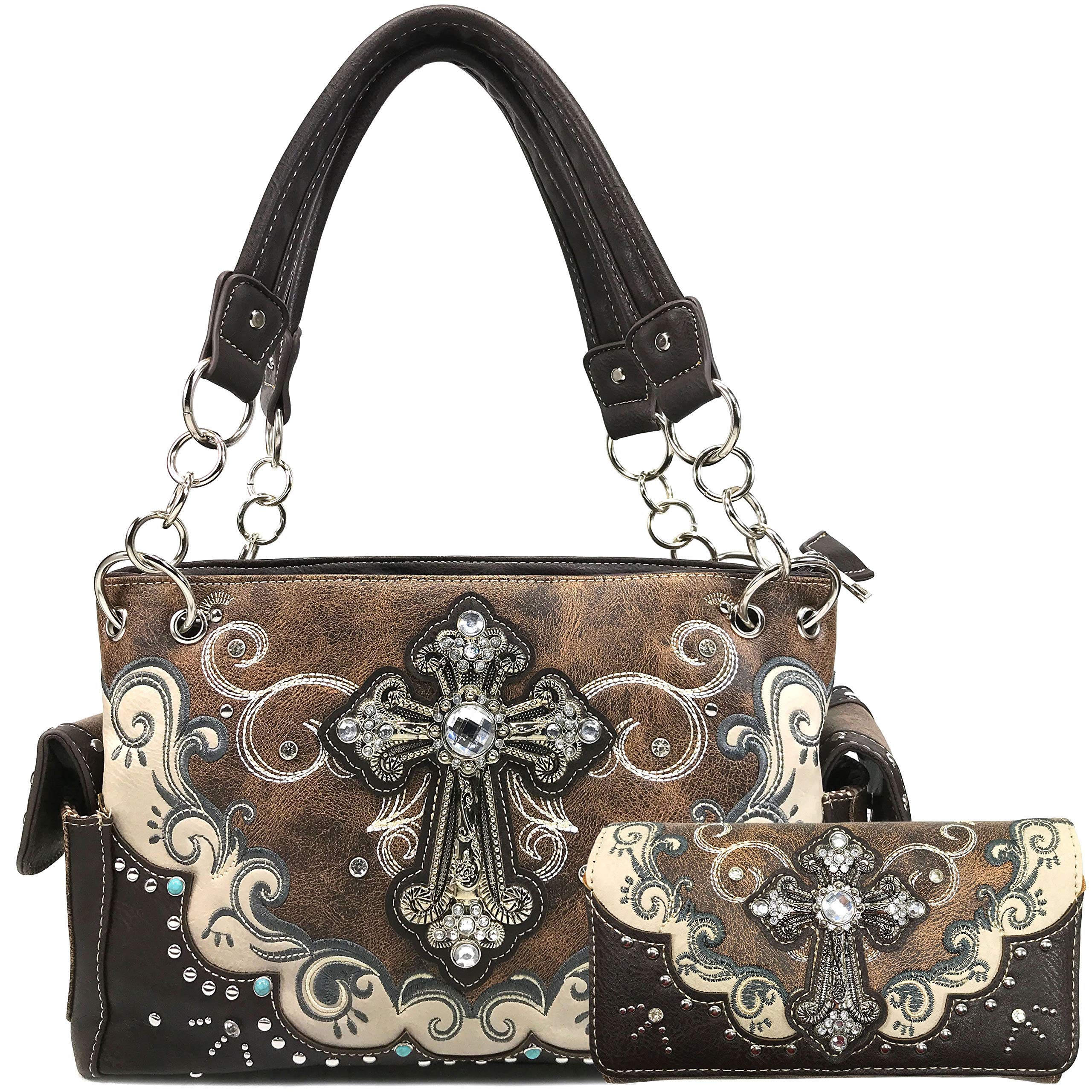 Zelris Western Silver Rhinestone Cross Conceal Carry Handbag Wallet Set for Women - Stylish & Functional Purse for Church, Parties, and Everyday Use