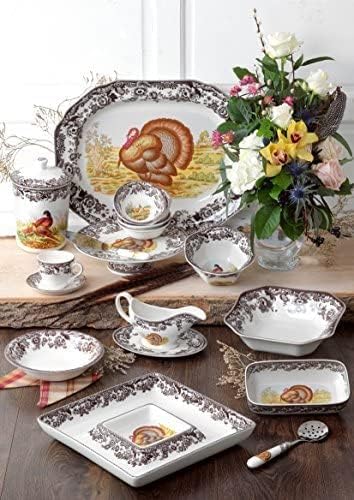 Spode Woodland 11 Oz Porcelain Sauce Boat with Stand - Turkey Motif Design | Microwave, Oven, Freezer & Dishwasher Safe | Perfect for Serving Gravy, Sauces & Dressings | Ideal for Thanksgiving Dinner, Holiday Entertaining & Special Occasions