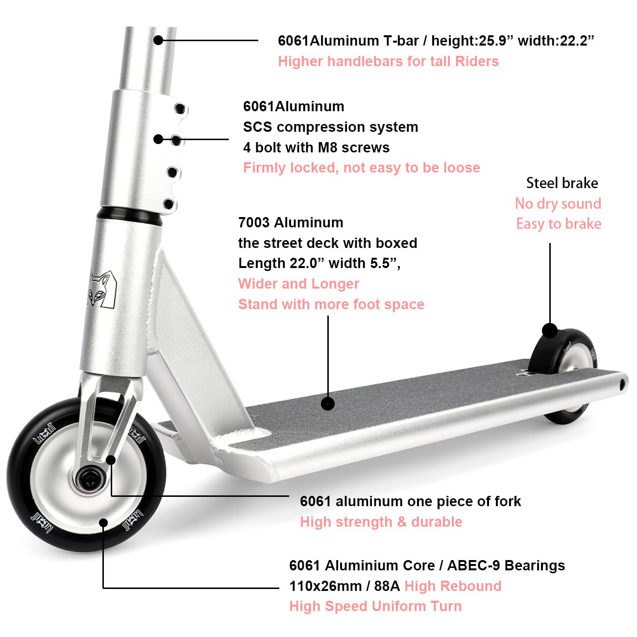 LMT71AZ Pro Street Scooter - Best Freestyle BMX Stunt Scooter for Tall Adults & Teens - Boxed Ends Design - Intermediate to Advanced Trick Riding - Perfect for Skate Parks, Street Stunts & Scooter Competitions