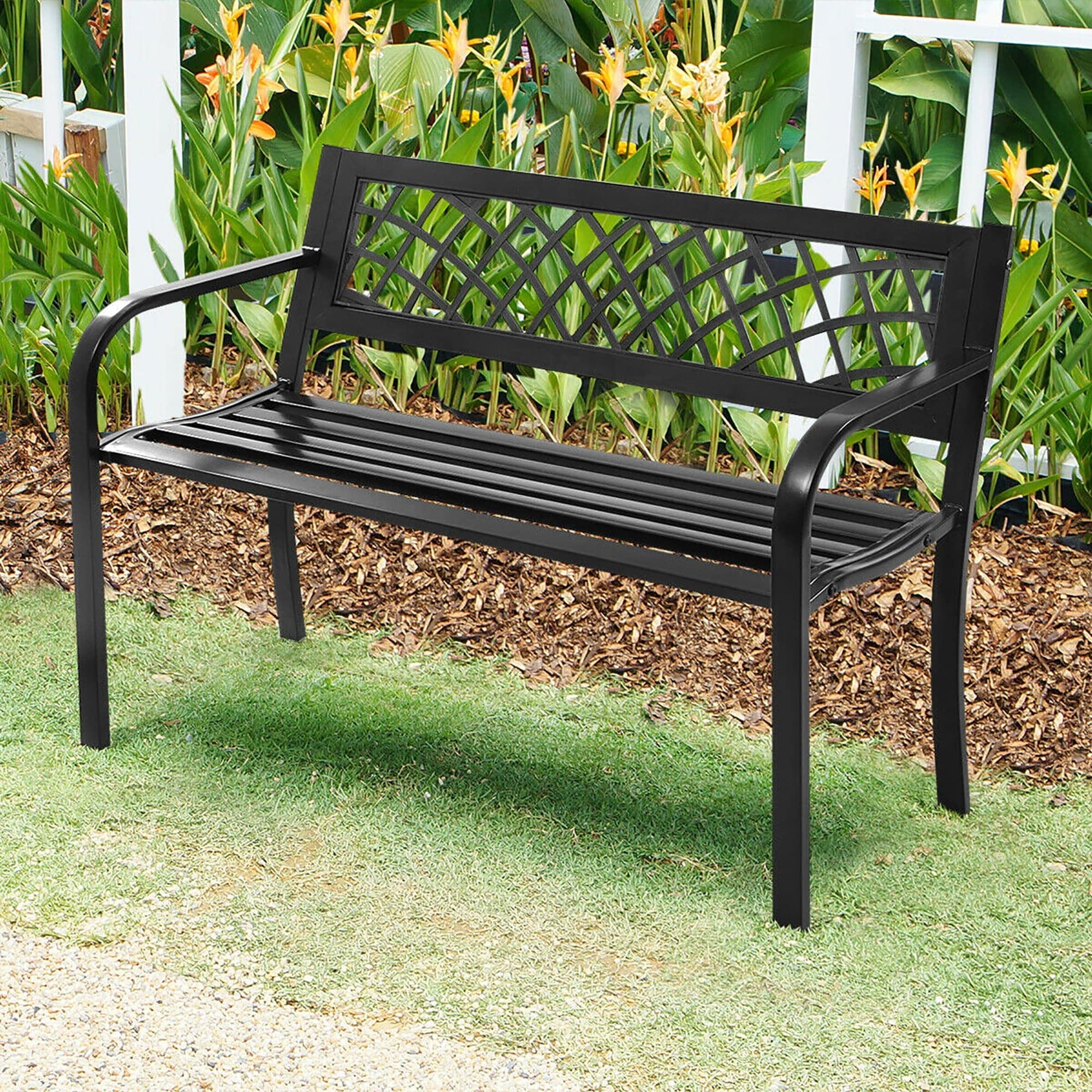Modern Black Cast Iron Garden Bench - Patio, Park & Yard Loveseat Furniture - Durable Steel Frame for Outdoor Seating, Relaxation & Decoration