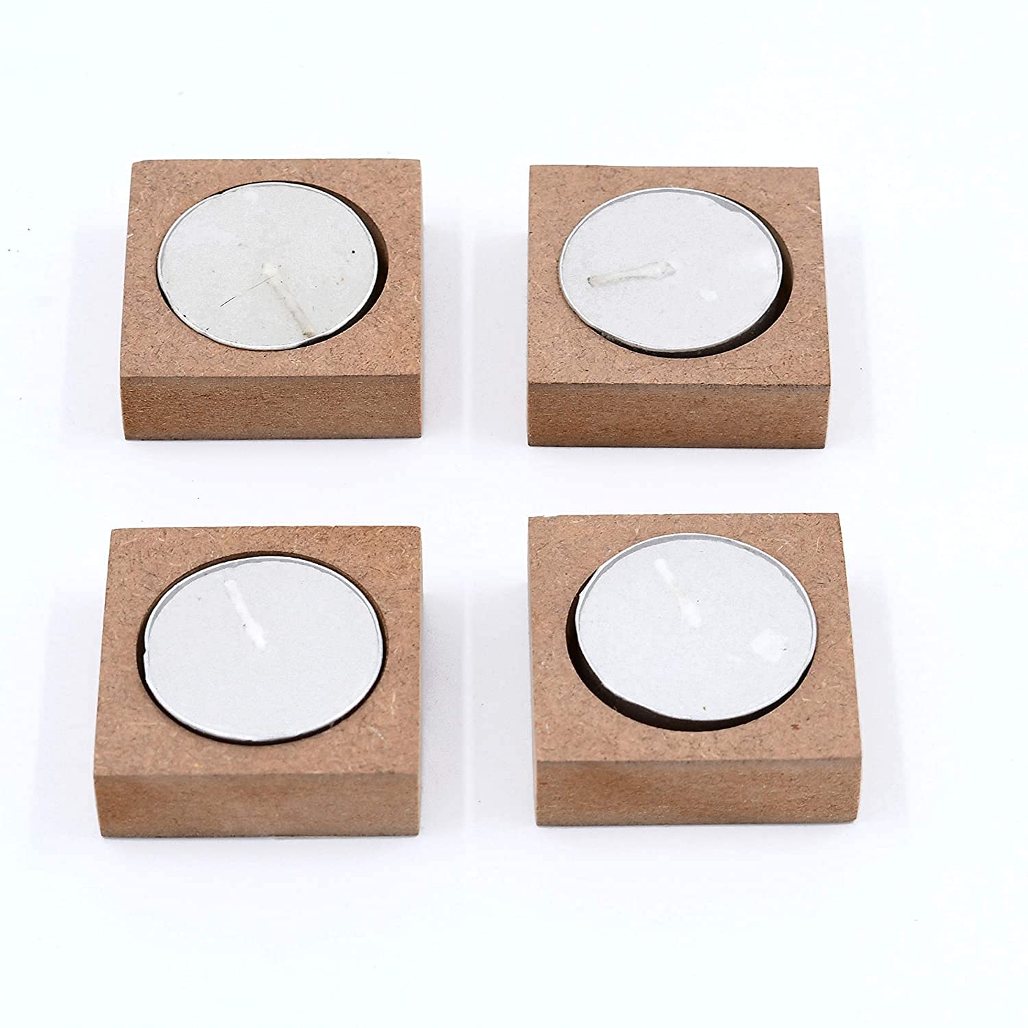 Printfry Set of 4 Plain MDF Wooden Tea Light Candle Holders with Candles - Unfinished Single Base for DIY Painting, Decoupage, Resin Art - Perfect for Home Decor, Wedding Centerpieces & Craft Projects