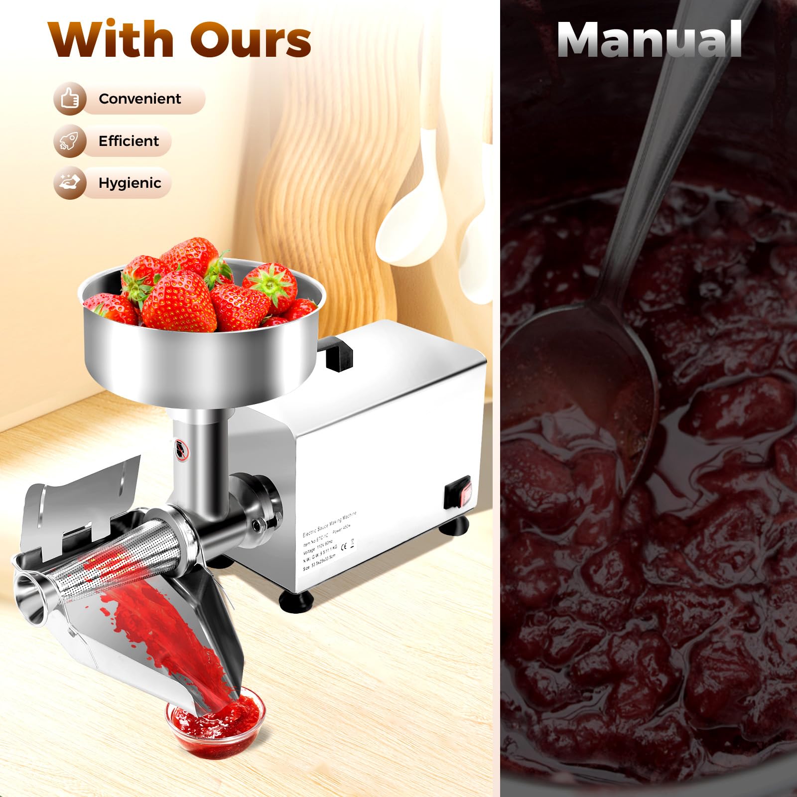 450W 110V Electric Tomato Sauce Maker & Food Grinder - 110lbs/h Stainless Steel Jam Machine with Pure Copper Motor, Funnel & Trough (21.06x9.8x13.19 Inch) - Perfect for Homemade Sauces, Jams, Purees & Baby Food Preparation