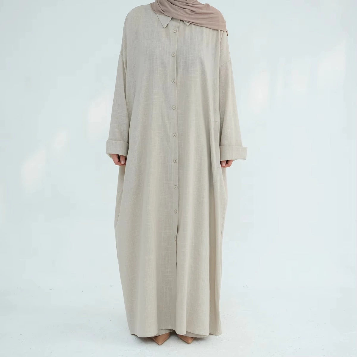 2-Piece Linen Cotton Blend Robe and Pants Set for Women - Comfortable Arab Style Lounge Wear - Perfect for Daily Use, Home Relaxation & Prayer Outfits