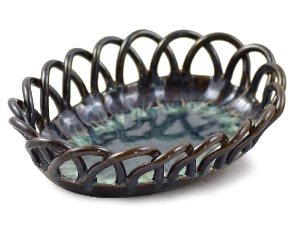Handmade Stoneware Bread Basket - Midnight Blue Woven Pottery for Rustic Kitchen & Farmhouse Dining | Perfect for Bread, Fruits, and Home Decor
