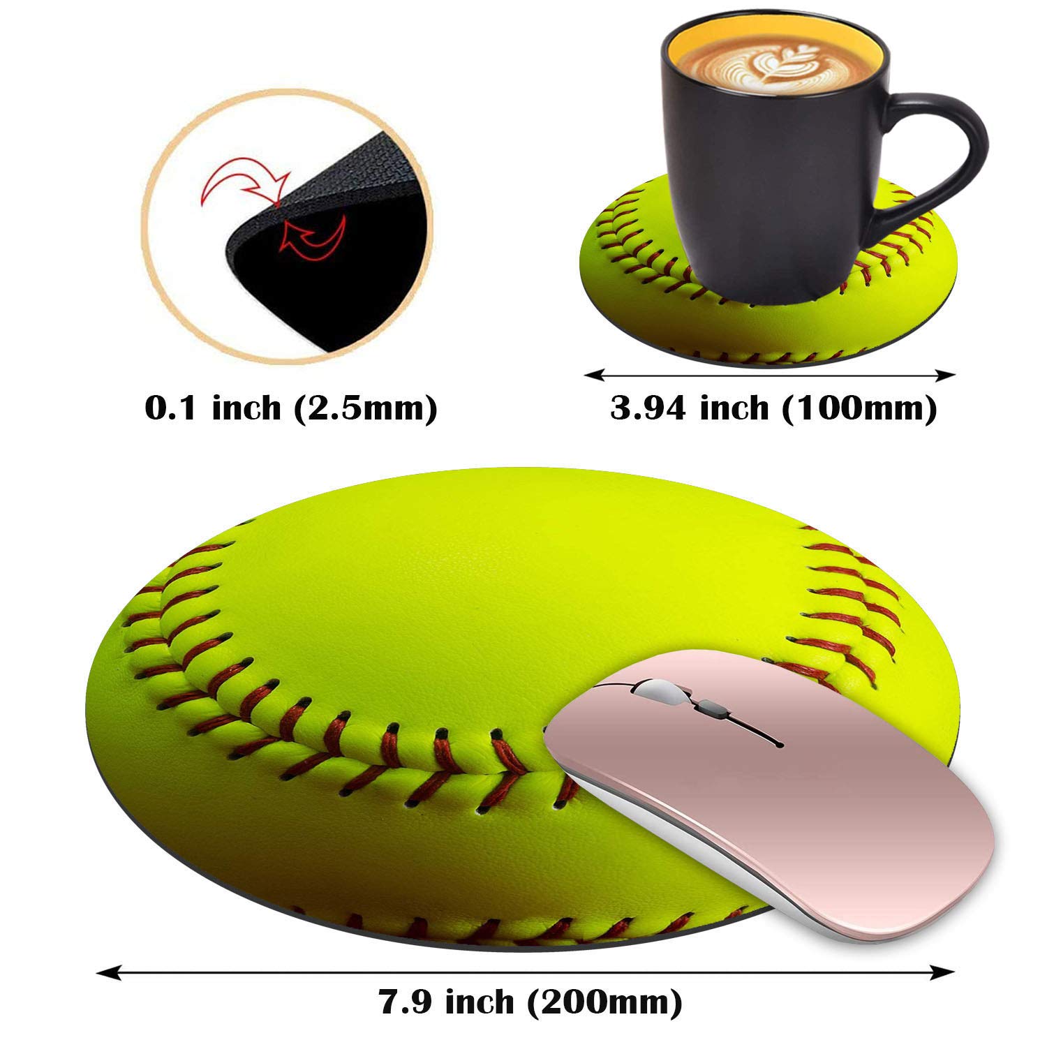 LACOMA Round Mouse Pad and Coasters Set - Softball Design Non-Slip Rubber Base for Laptop & Computer - Cute Desk Accessories for Office, Gaming & Home Workspace