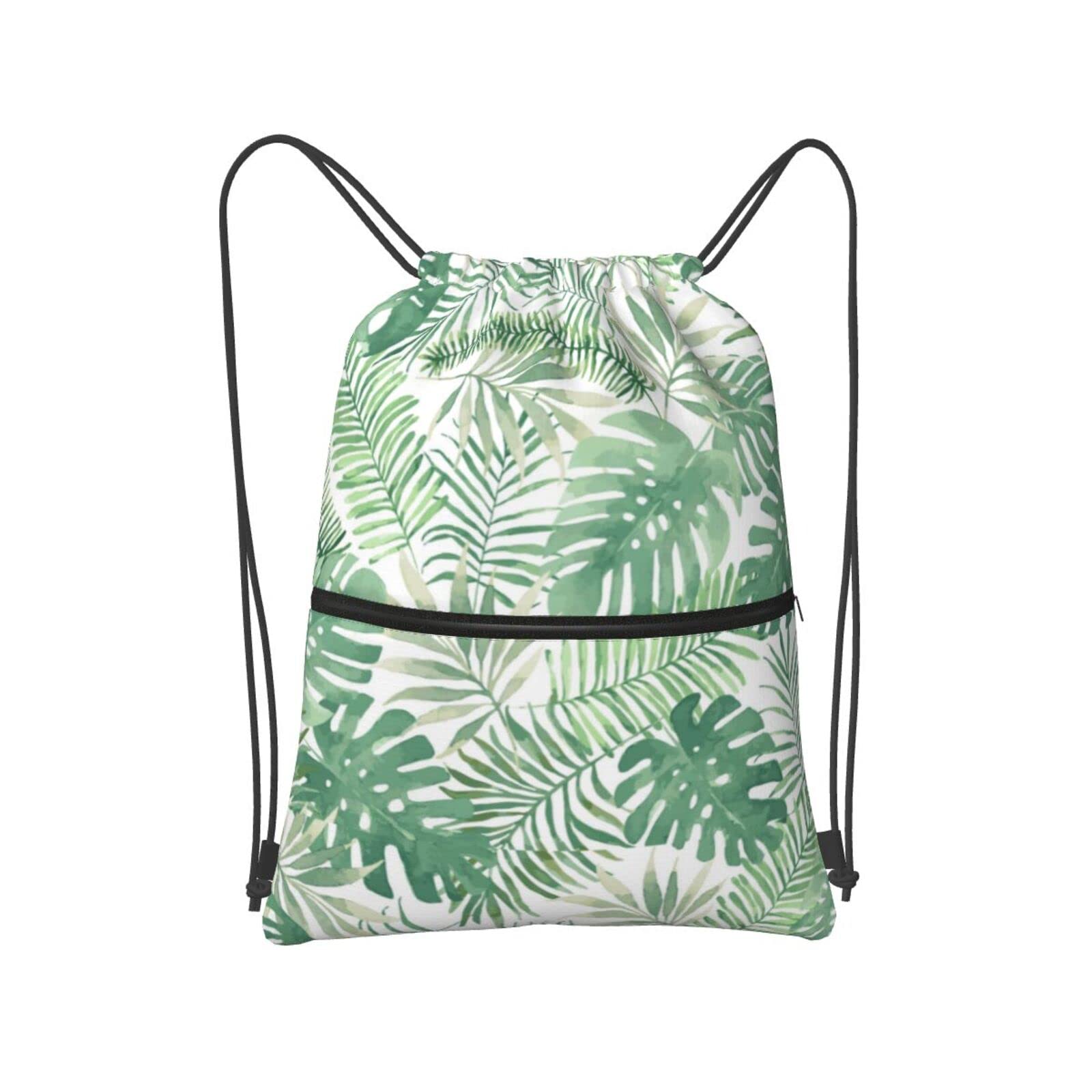 Waterproof Drawstring Backpack with Front Zipper Pocket - Green Leaf Pattern Gym Sackpack for Women, Men, Boys & Girls - Perfect for Sports, Travel & School Activities