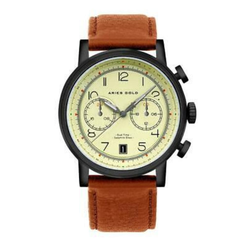 ARIES GOLD Urban Journey Black Stainless Steel Men's Watch with Khaki Camo Brown Leather Strap - Perfect for Outdoor Adventures & Casual Wear