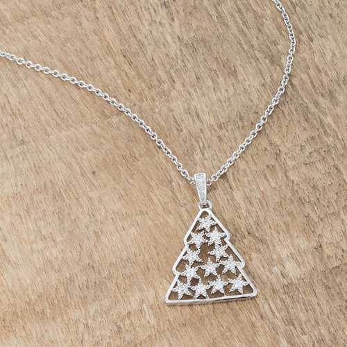 2 Carat CZ Rhodium Plated Christmas Tree Pendant Necklace - Sparkling Holiday Jewelry Gift for Women, Perfect for Christmas Parties & Festive Celebrations