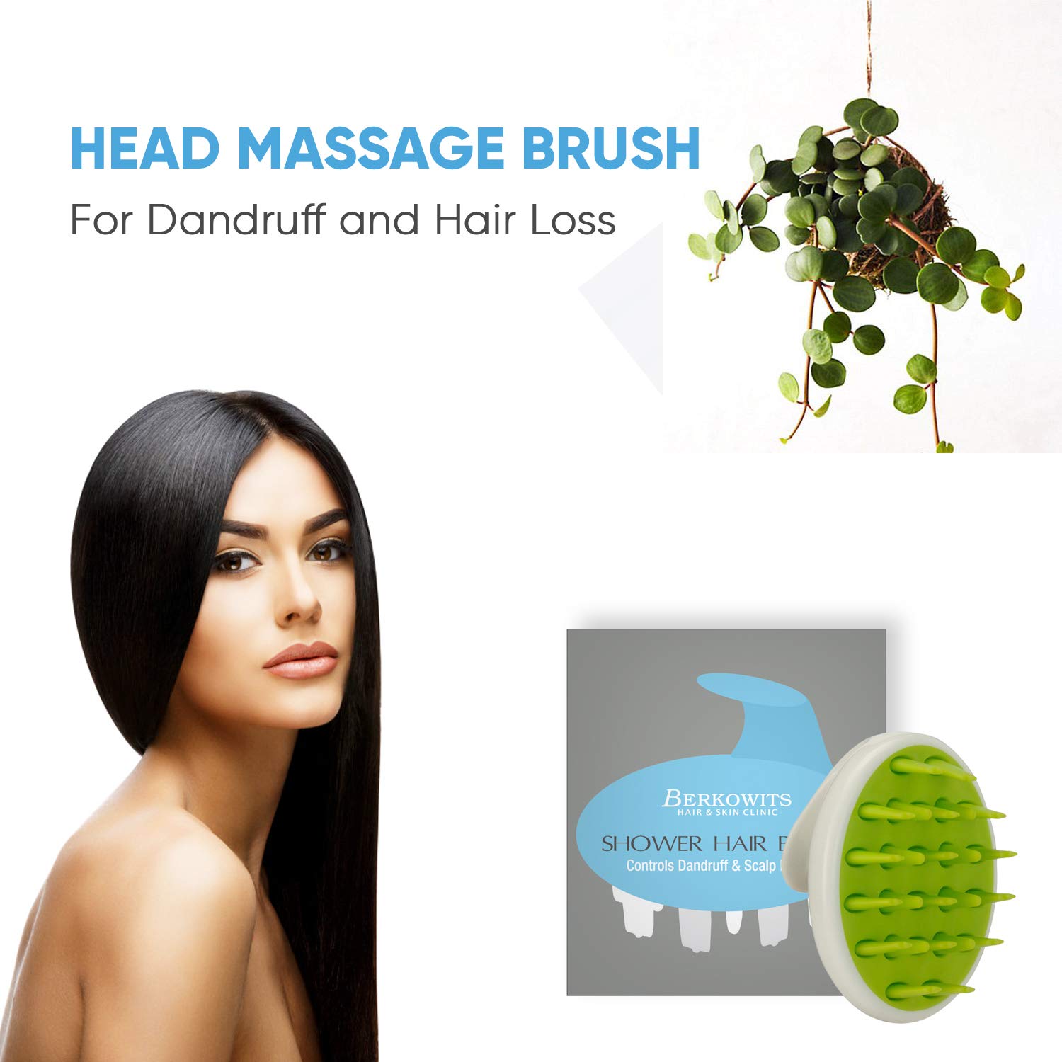 Berkowits Hair & Skin Clinic Head Massage Brush - 3 Inch Silicone Bristles for Dandruff & Hair Loss Treatment in Men & Women (White & Green) | Scalp Care & Relaxation for Healthy Hair Growth