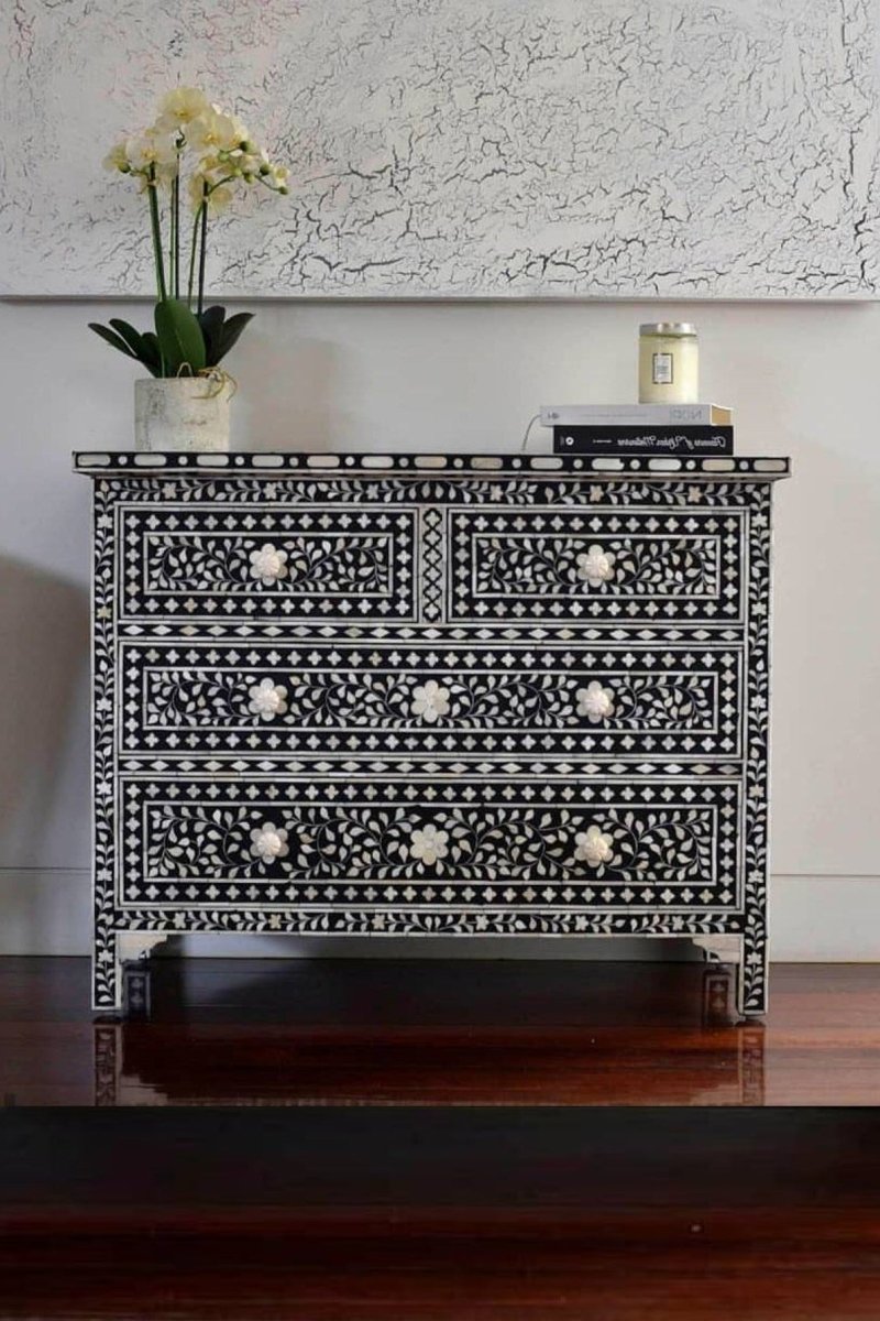 Handmade Bone Inlay Floral Design Black Four-Drawer Dresser - Vintage Boho Bedroom Furniture for Home Decor & Storage