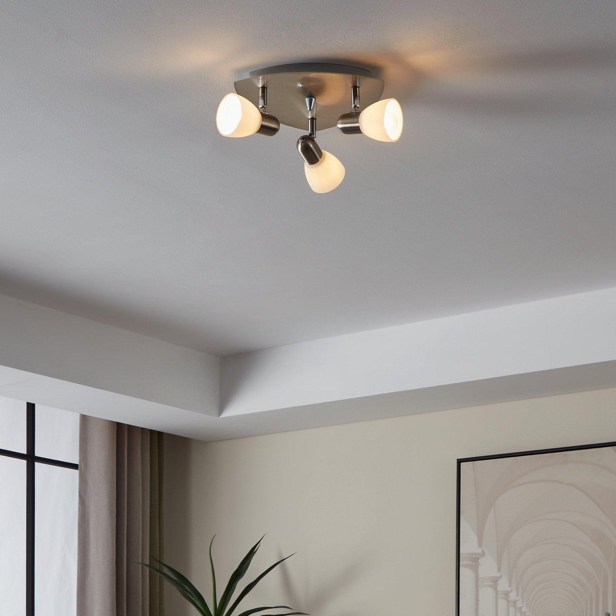 Eglo Enea 3-Light Nickel & Satin Glass Spotlight Fixture - Modern Ceiling Lighting for Living Room, Bedroom, or Hallway
