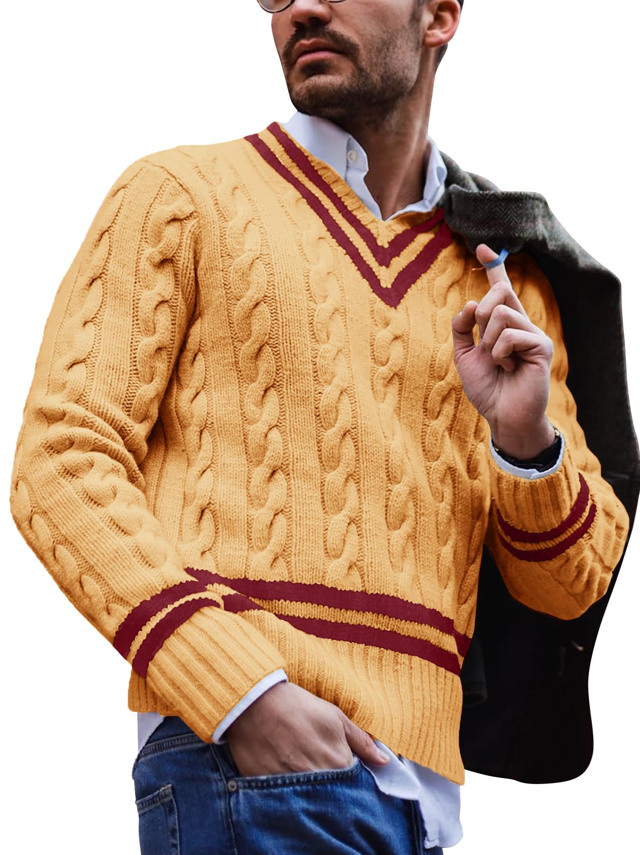 Makkrom Men's Slim Fit V-Neck Pullover Sweater - Ribbed Knit Cable Design for Casual & Business Wear - Perfect for Office, Dates & Winter Outfits