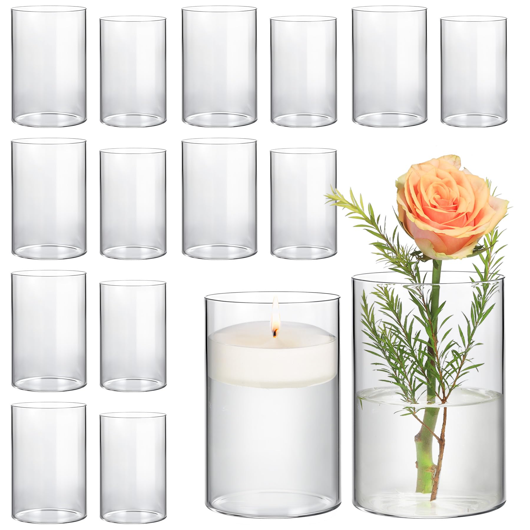 ComSaf 16-Pack Clear Glass Cylinder Vases - 5.5 & 6 Inch Tall Bud Vases for Wedding Centerpieces, Floral Arrangements, Hurricane Candle Holders - Perfect for Home Decor, Party Decorations & Table Settings