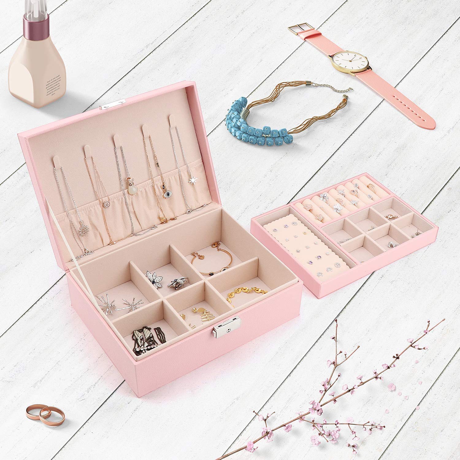 Best Jewelry Box Organizer for Women - 2-Layer Lockable Jewelry Storage Case with Soft Velvet Lining, Ring Earrings Holder & Necklace Bracelet Display - Perfect Gift for Women & Girls (Pink) - Ideal for Bedroom Vanity, Travel & Jewelry Organization