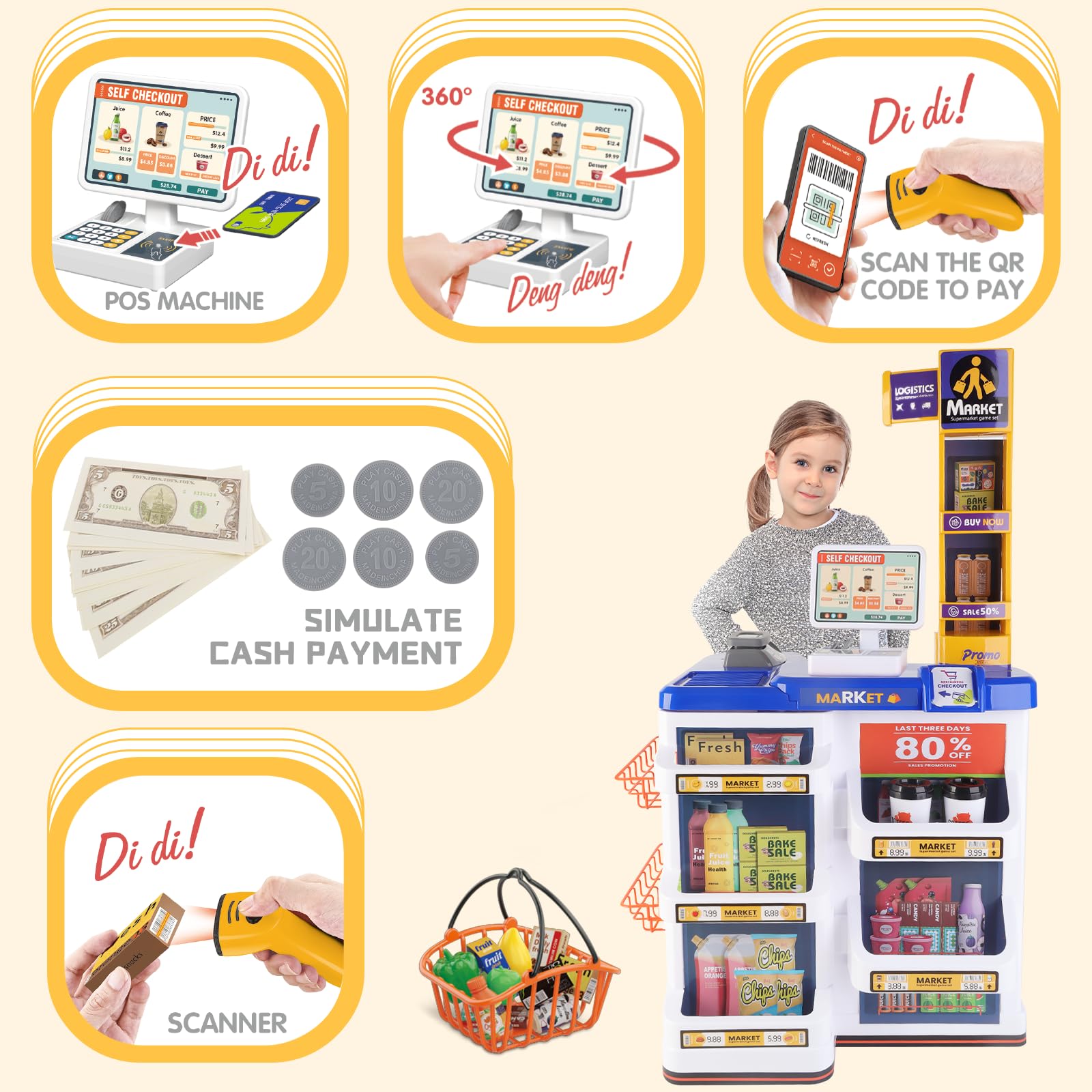 **deAO Pretend Play Grocery Store Toy Set for Kids - Supermarket Role Play with Shopping Basket & Cash Register - Christmas & Birthday Gift for Boys & Girls (Blue) - Perfect for Learning & Imaginative Play**