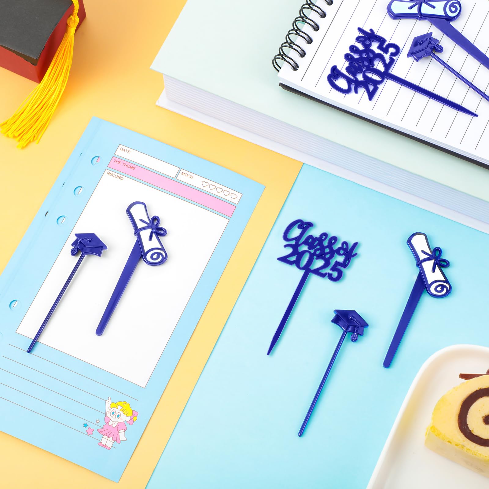 Boao 90-Piece Class of 2025 Graduation Party Supplies - Blue Themed Cake Toppers & Cupcake Picks Decorations (3 Styles) - Perfect for Graduation Celebrations, School Parties & Dessert Table Decor