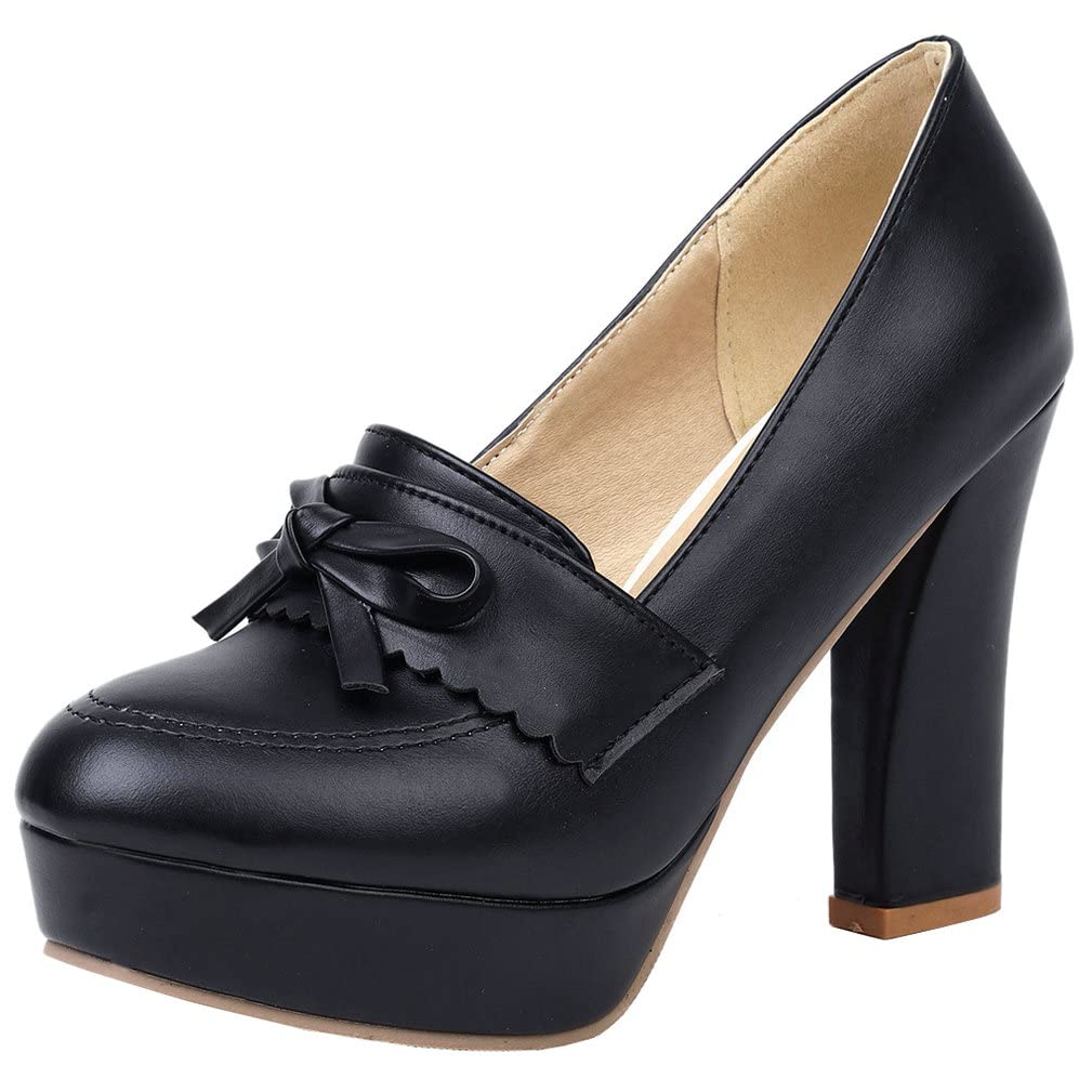 KISSASA Women's Chunky Platform High Heel Loafers - Round Toe Block Heel Slip-On Dress Shoes for Office, Work & Professional Occasions - Comfortable & Stylish Work Pumps for Women