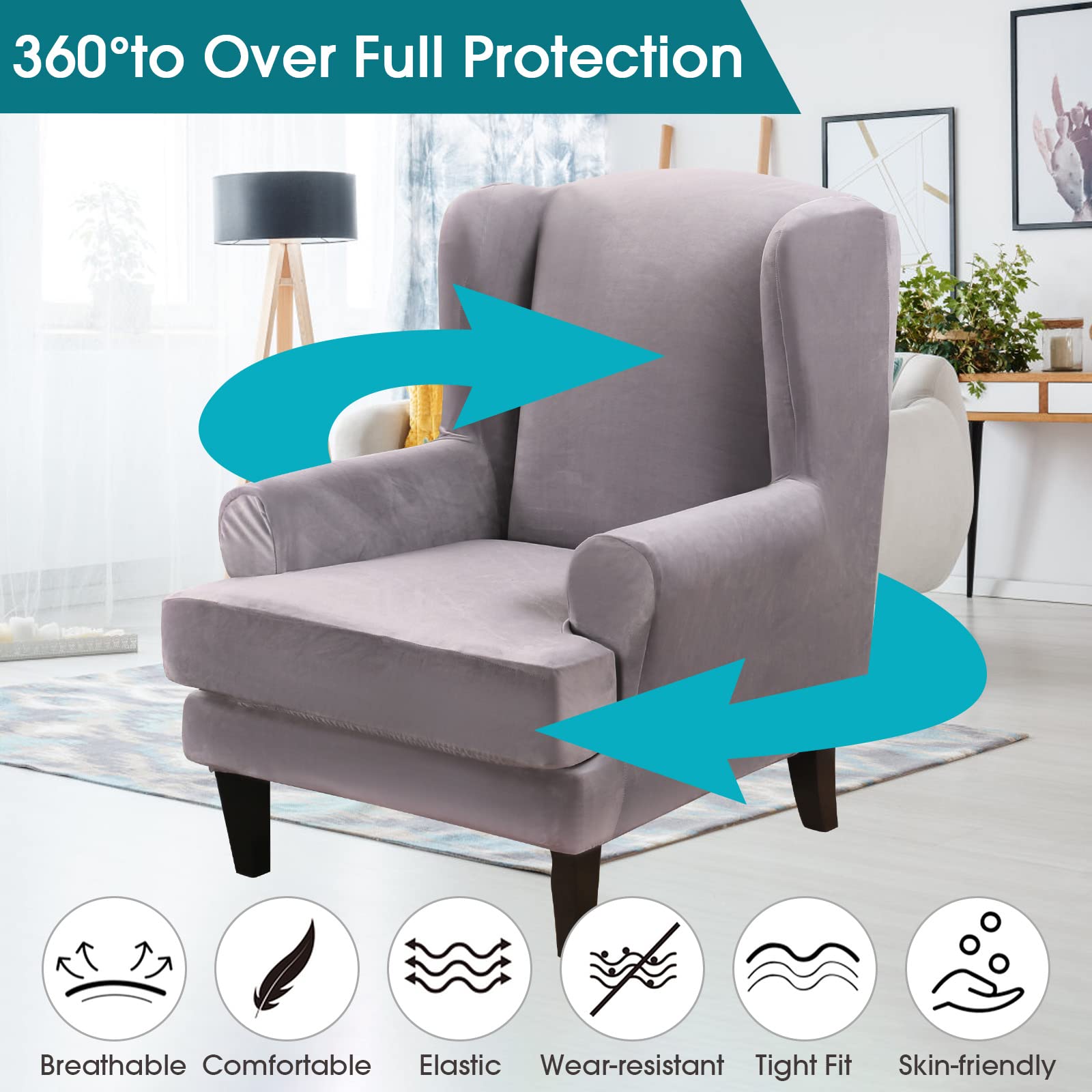 TOPCHANCES 2-Piece Stretch Velvet Wingback Chair Slipcover - Soft Plush Elastic Armchair Cover for Wingback Chairs | Perfect for Living Room, Bedroom & Home Decor
