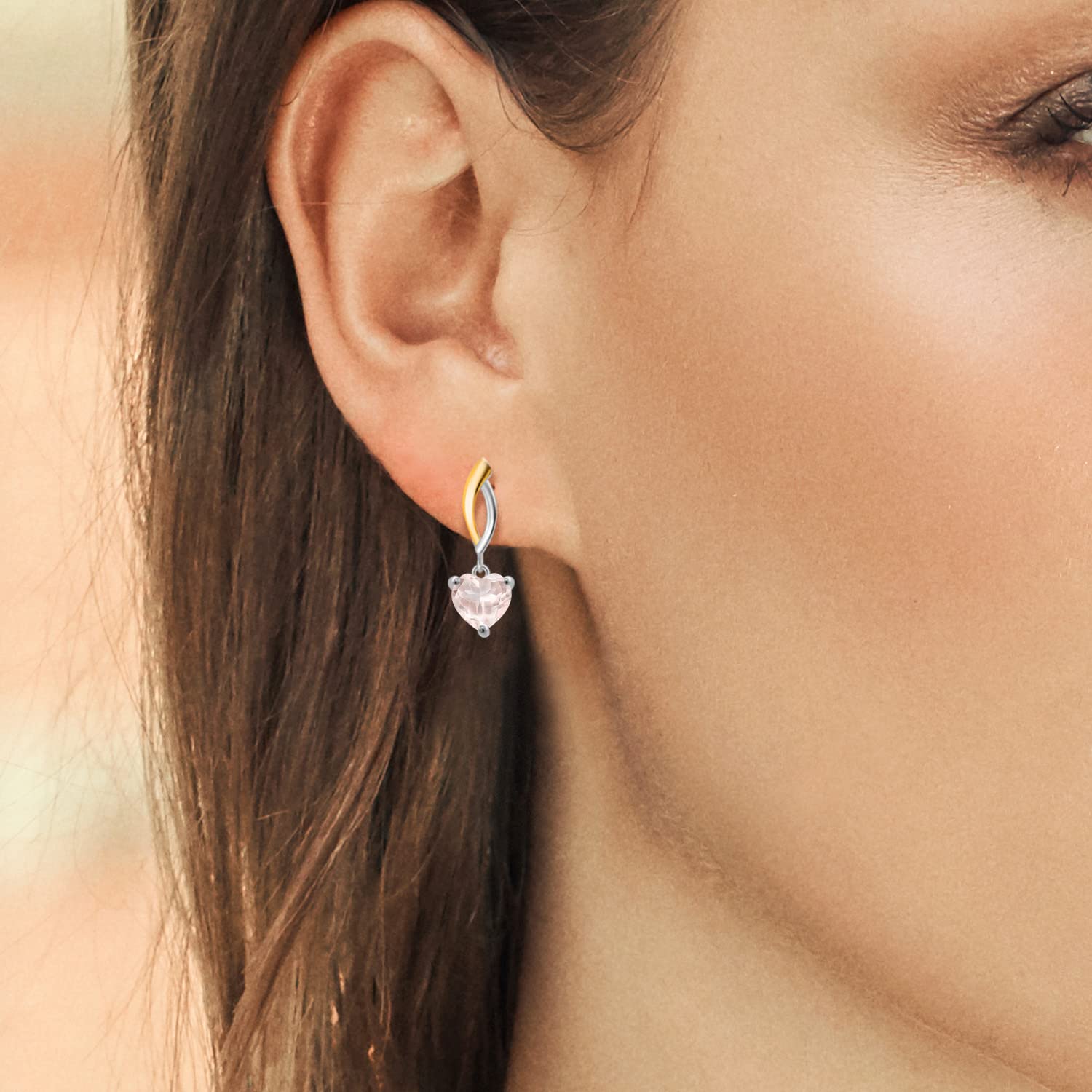 Gem Stone King 925 Sterling Silver & 10K Yellow Gold Rose Quartz Heart Dangle Earrings for Women - 1.43 CTTW Birthstone Jewelry, 6MM Heart Shape | Perfect Gift for Valentine's Day, Anniversary & Special Occasions