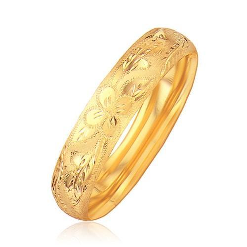 14K Yellow Gold Floral Carved Bangle Bracelet - 13.5mm Wide, Size 8 - Elegant Vintage Jewelry for Women, Perfect for Weddings, Parties & Special Occasions