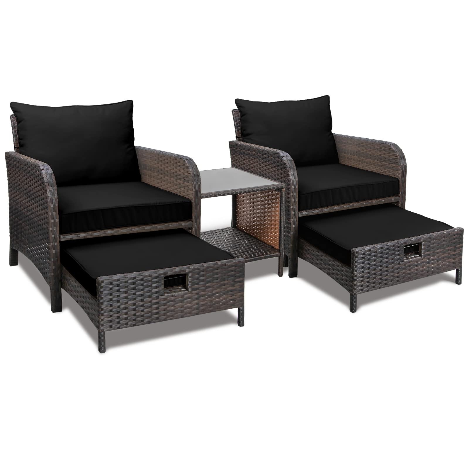 LEVELEVE 5-Piece PE Wicker Patio Furniture Set - Outdoor Rattan Conversation Sofa with Cushions, 2 Ottomans & Glass Table for Balcony, Porch, Garden, Poolside (Brown Wicker/Black Cushions) - Perfect for Relaxing, Entertaining & Outdoor Lounging
