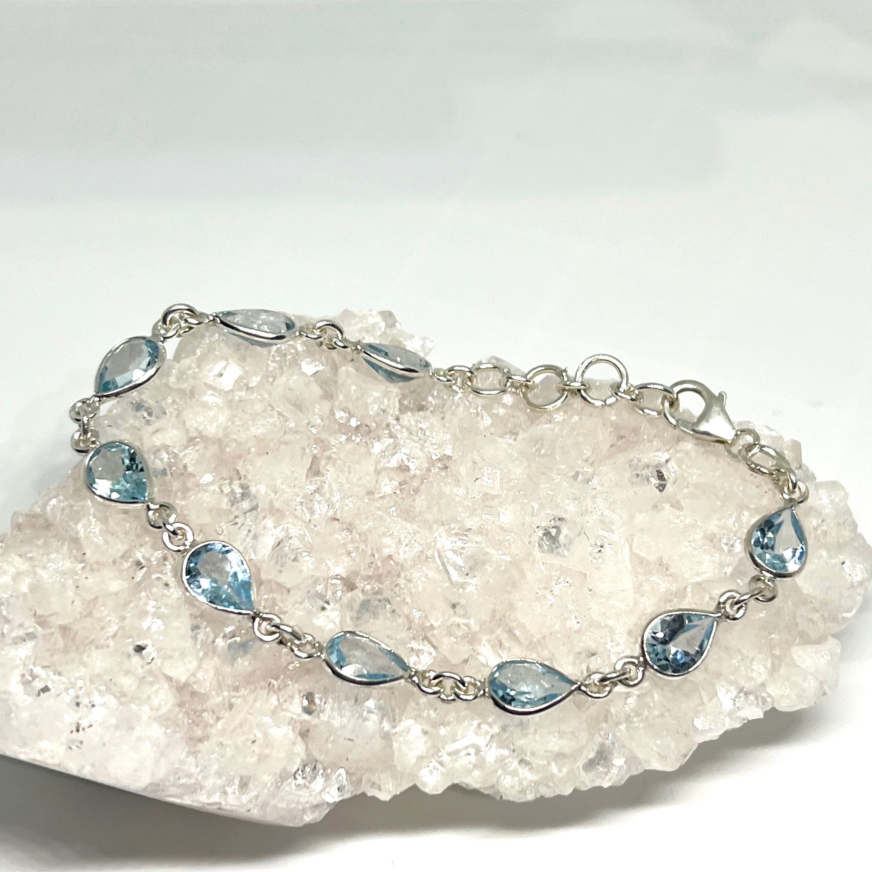 925 Sterling Silver Blue Topaz Faceted Gemstone Bezel Bracelet for Women - Elegant Jewelry Gift for Birthday, Anniversary & Special Occasions
