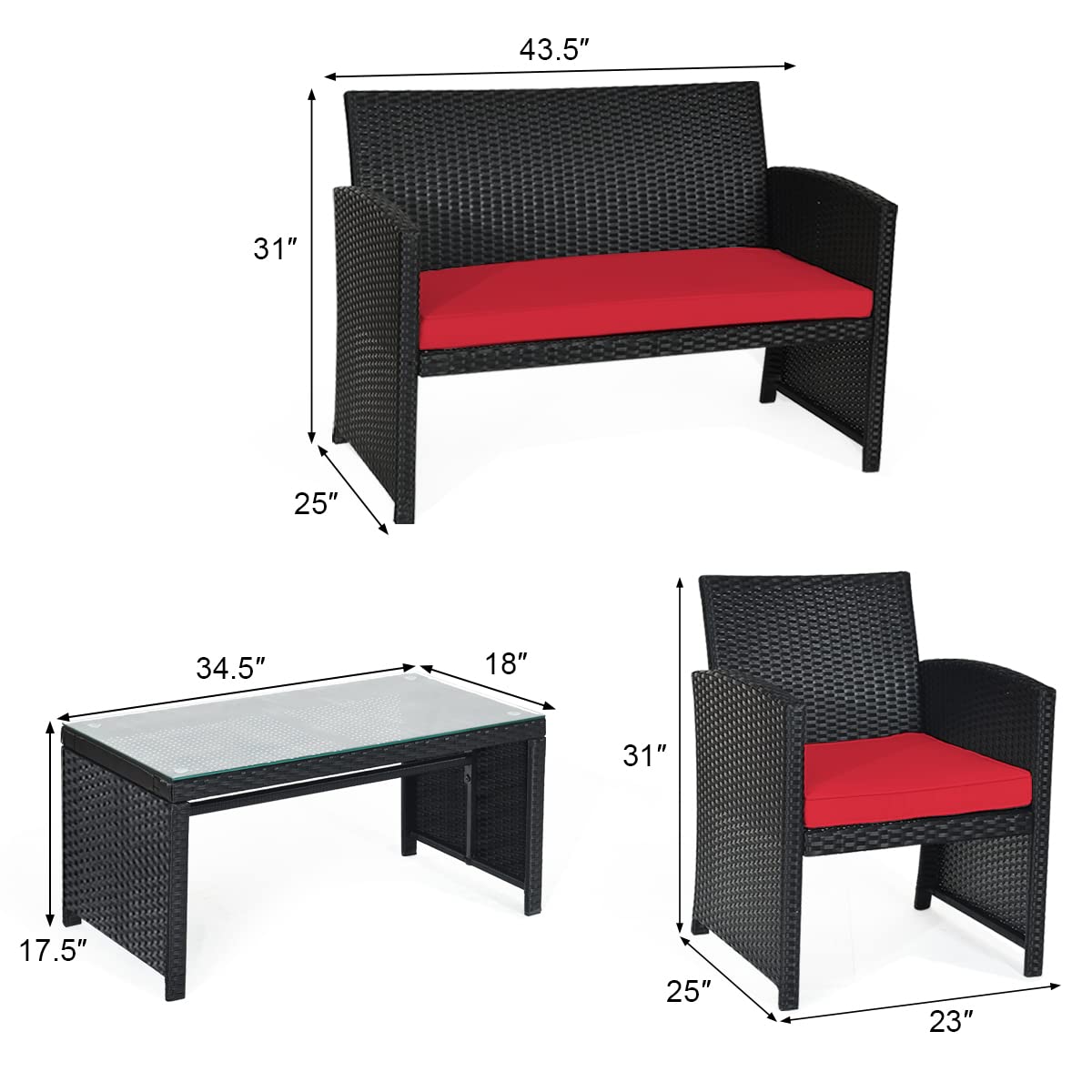 KOTEK 4-Piece Outdoor Patio Furniture Set - Rattan Wicker Sofa and Glass Table Conversation Set with Cushions for Garden, Lawn, Backyard - Perfect for Relaxing, Entertaining and Outdoor Dining (Red)