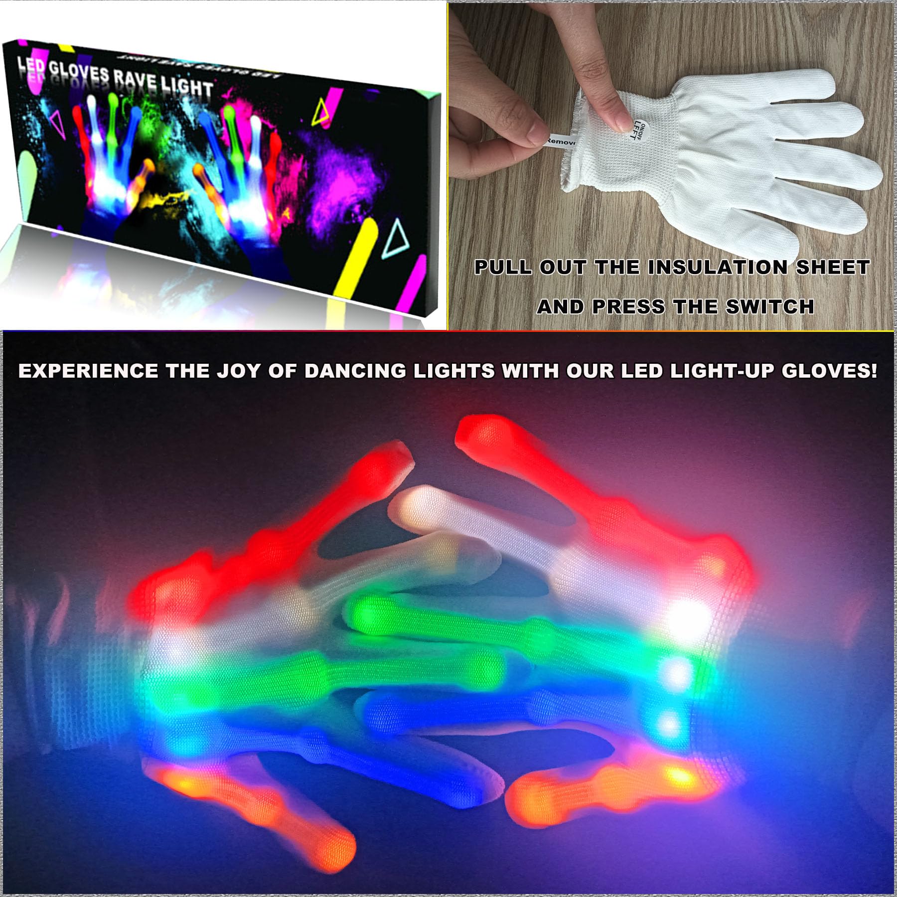 LED Light Up Gloves for Kids Ages 7-13 - Cool Rave Party Toys for Boys & Girls - Perfect for Halloween, Christmas, Birthday Gifts & Carnival Events - Fun Glow Accessories for Dance Parties, Concerts & Nighttime Play