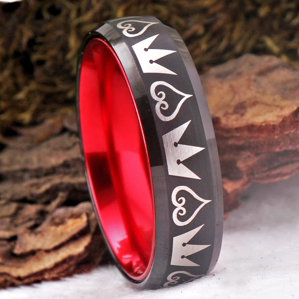 Kingdom Hearts & Crowns Cosplay Jewelry - 8mm Matte Red & Black Tungsten Ring with Beveled Edges | Wedding Band, Custom Engraving | Perfect for Cosplay, Anime Conventions & Gothic Weddings