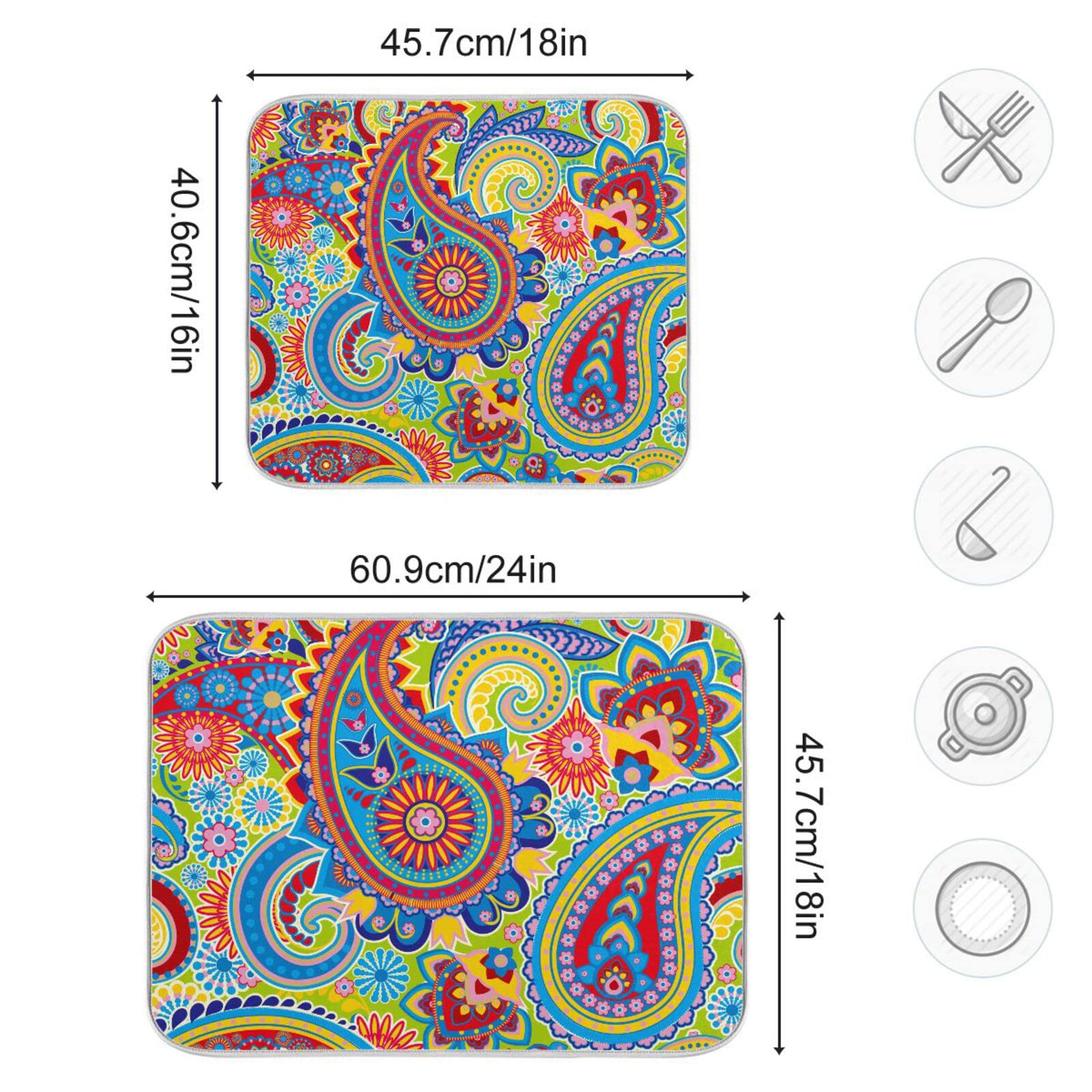 Paisley Dish Drying Mat - Microfiber Kitchen Countertop Drainer (16x18