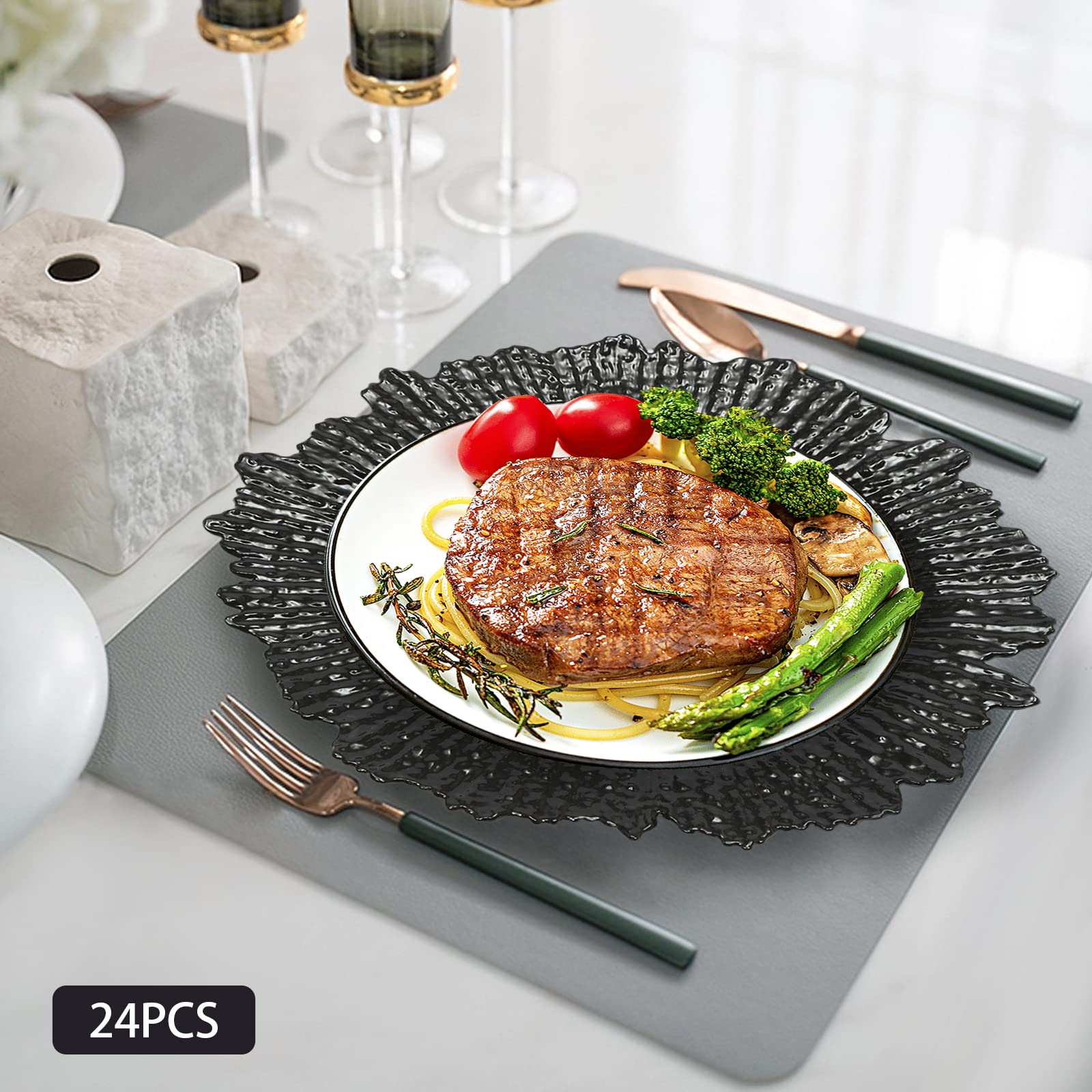 13'' Round Black Charger Plates Set - 24 Reusable Decorative Dinner Plates for Wedding, Party & Kitchen Serving | Embossed Pattern Snack Trays - Elegant Table Decor for Special Occasions