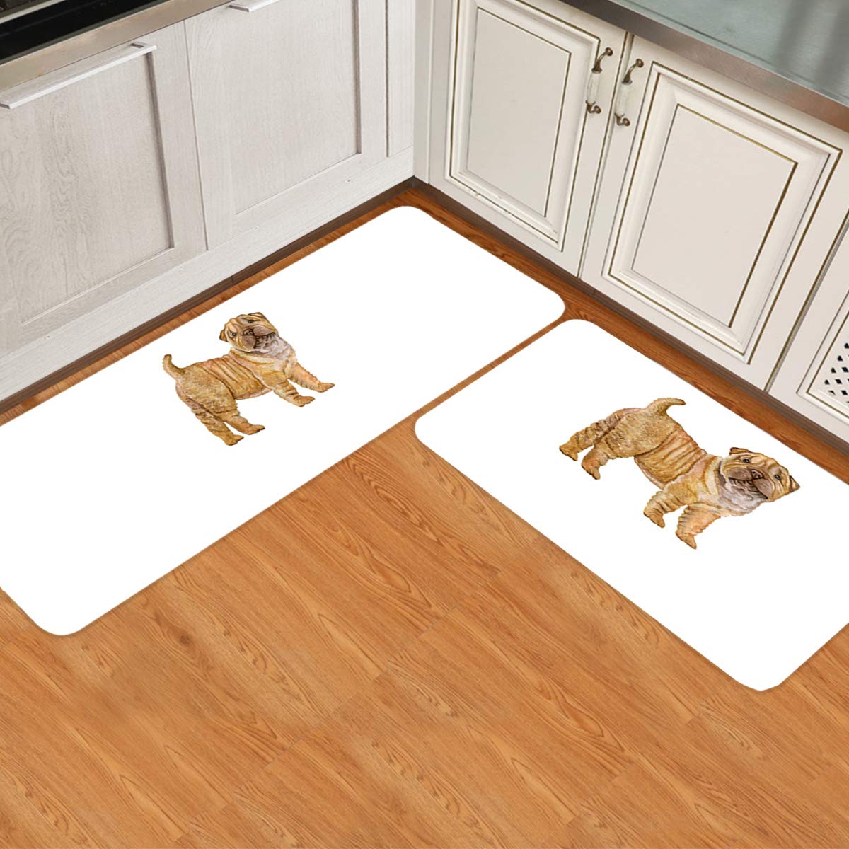 Dog Lover Decor Non-Skid Washable Cushioned Kitchen Rugs and Mats - Anti-Fatigue Waterproof Set of 2 with Sharpei Puppy Illustrations for Home, Office, and Pet-Friendly Spaces