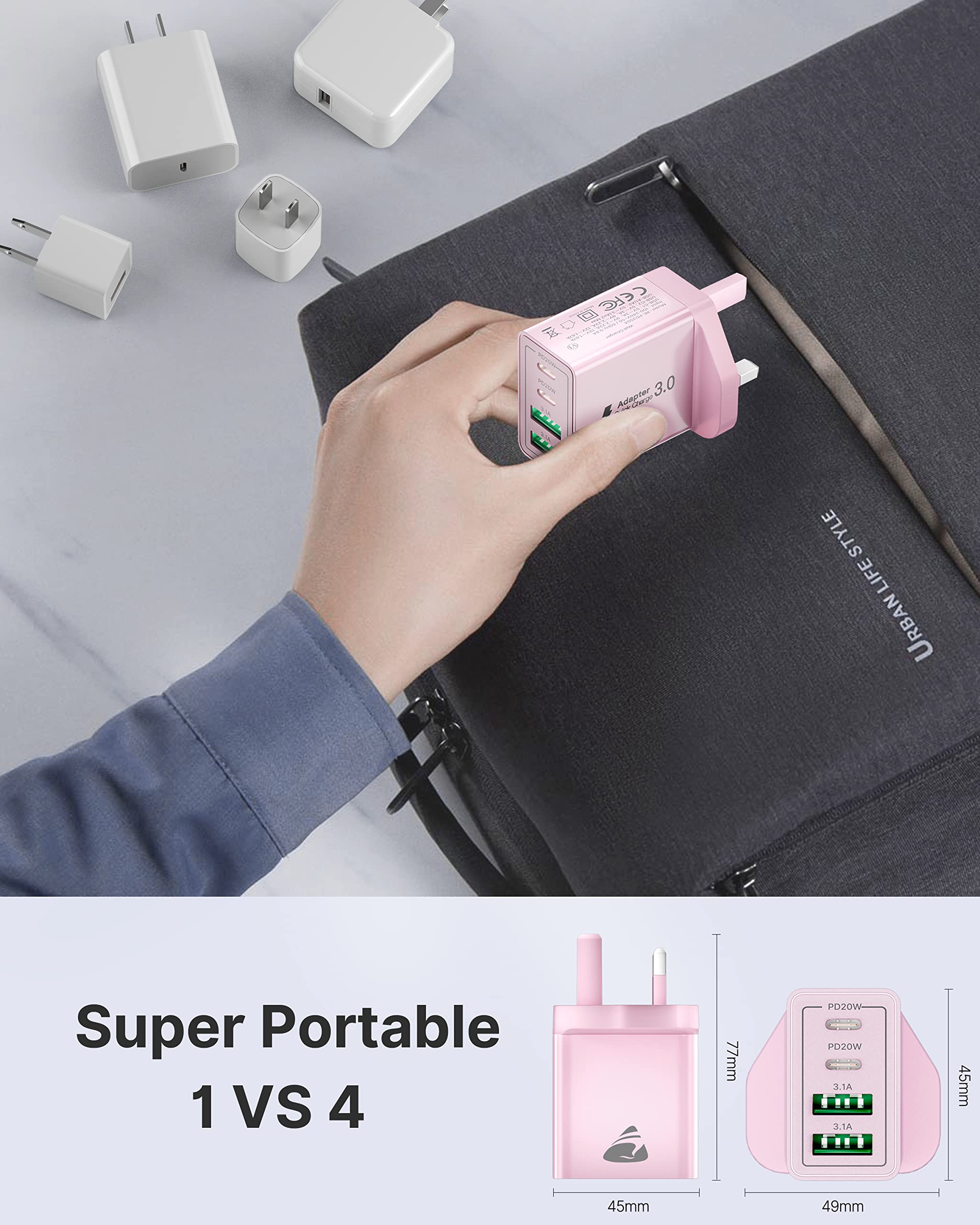 40W 4-Port USB C Charger with PD & QC 3.0 | Fast Wall Charger Plug for iPhone 15/14/13/12/11 Pro Max/XS/XR/SE, iPad, Samsung Galaxy, Google Pixel | UK/US Dual Port Adapter | Perfect for Home, Office & Travel Charging