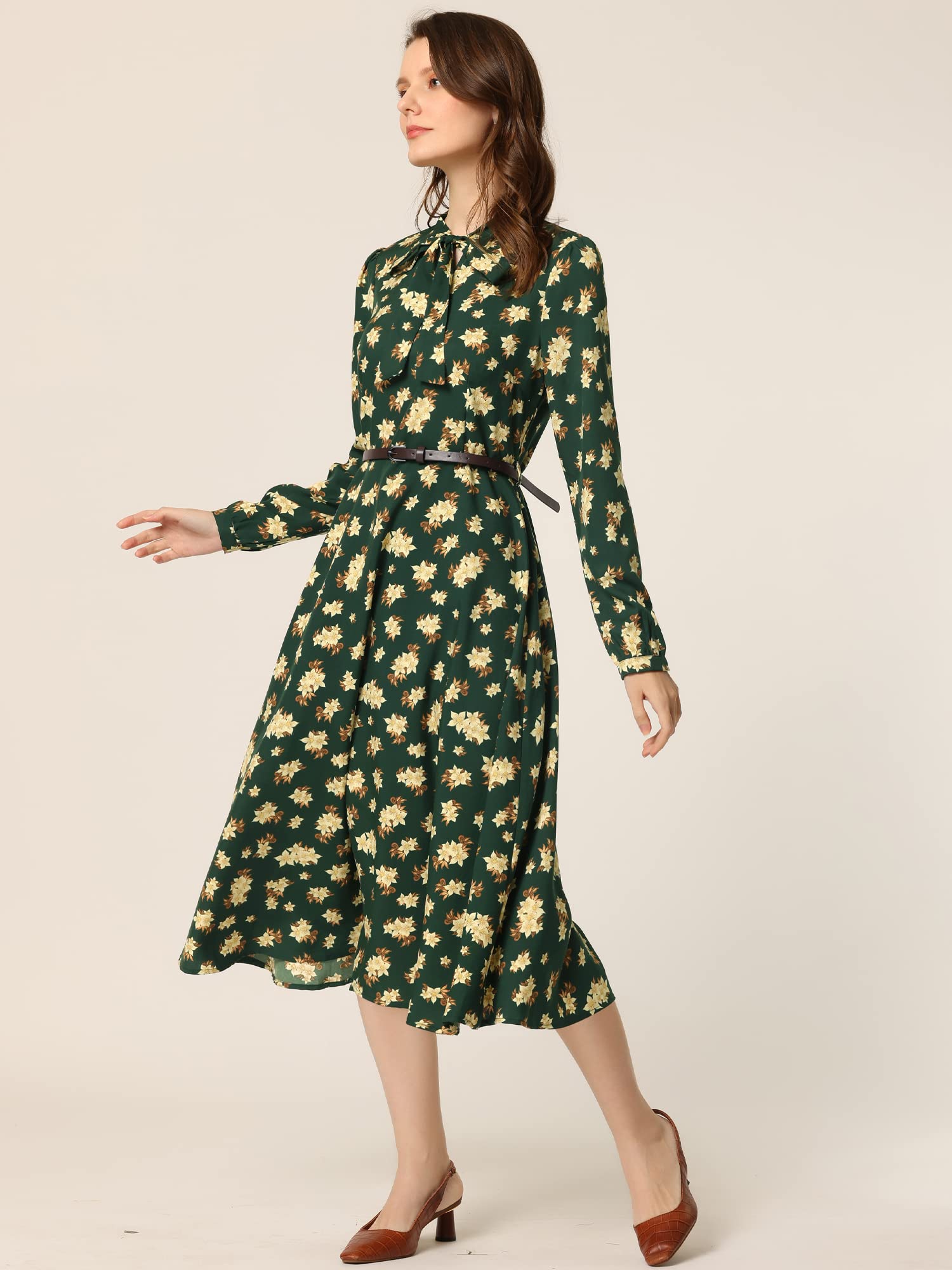 Allegra K Women's Floral Print Belted Bow Tie Neck Long Sleeve Midi Dress for Work, Party & Special Occasions