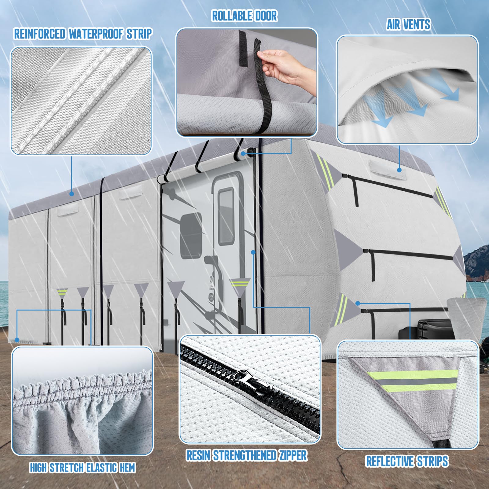 900D Oxford Heavy-Duty RV Cover for 22'-24' Travel Trailers - 7-Layer Waterproof, Windproof Camper Cover with Zippered Door | Includes Tongue Jack Cover, Gutter Cover, Tire Covers & Straps | Perfect for Winter Storage, Outdoor Camping & Long-Term RV Protection