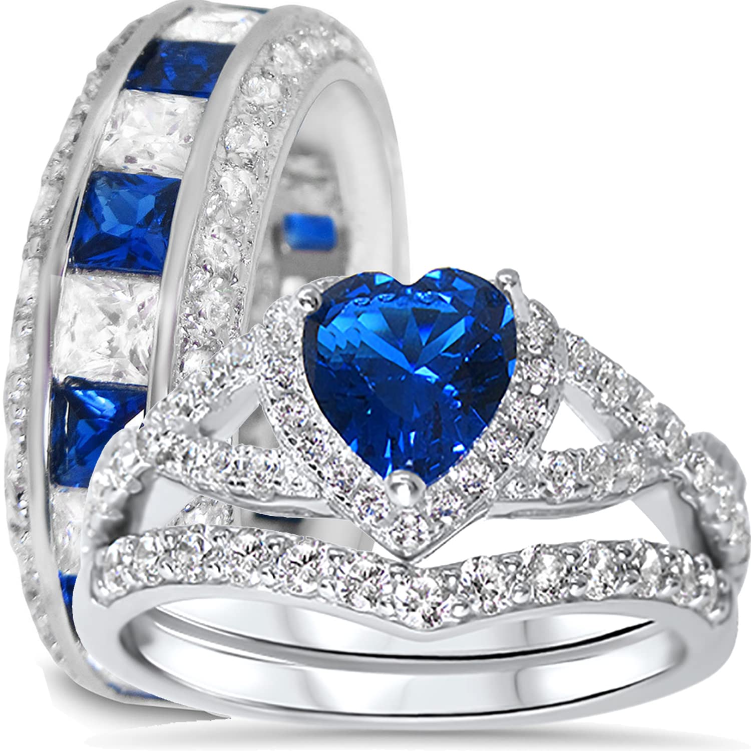 His & Her Sterling Silver Blue Sapphire CZ Wedding Band & Engagement Ring Set for Couples - Perfect for Bridal, Anniversary & Romantic Gift Occasions