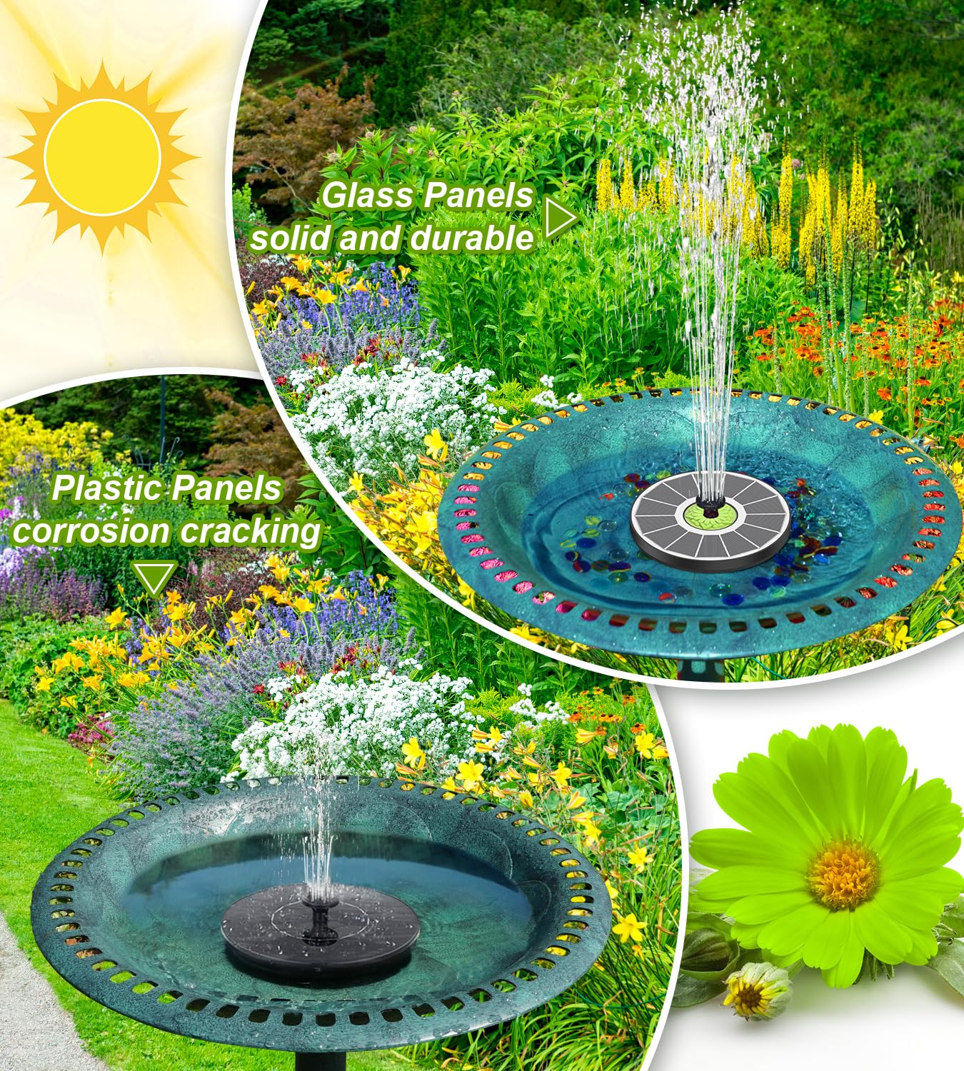 Solar Bird Bath Fountain - 3.5W Solar Powered Water Pump with 7 Interchangeable Nozzles & 100% Glass Panel, White Garden Fountain for Hummingbirds, Outdoor Decor, Pond, Patio - Perfect for Backyard, Garden Decor & Attracting Wildlife