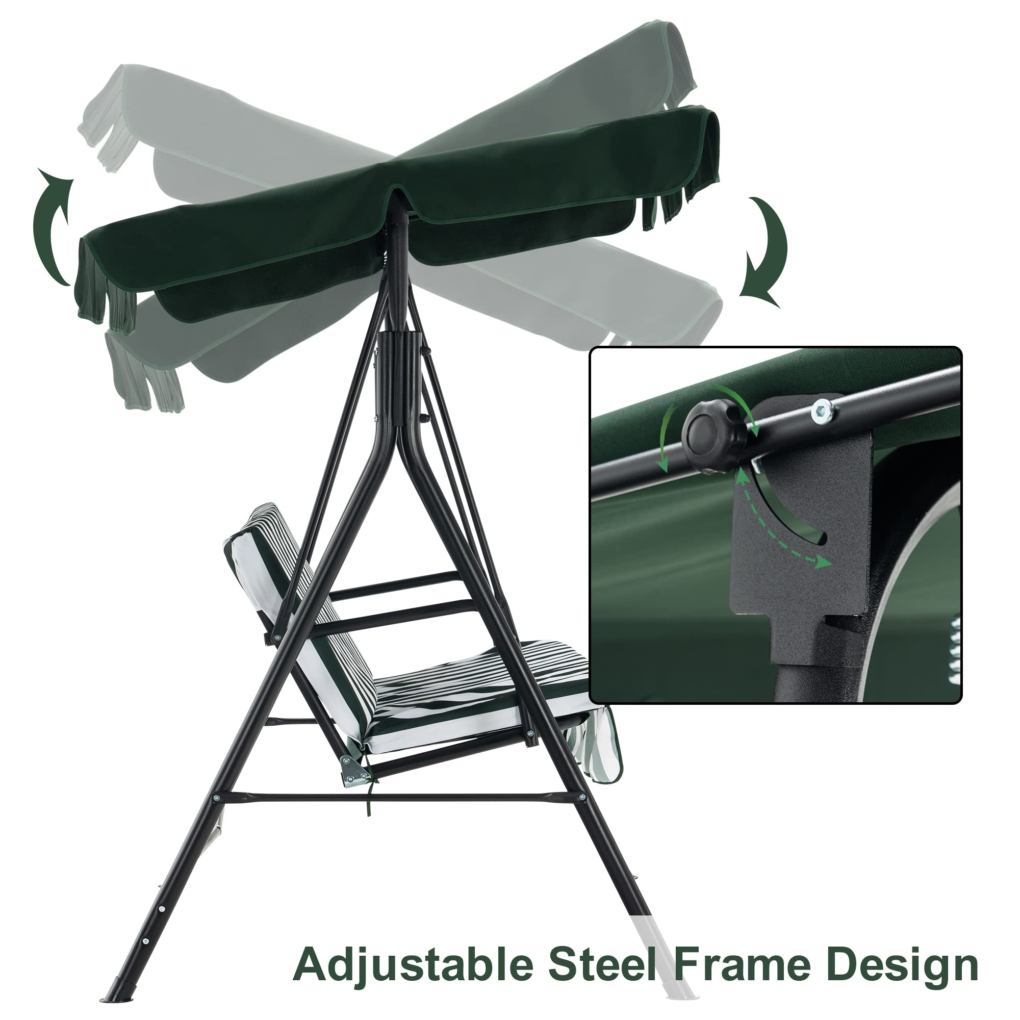 MCombo 2-3 Person Outdoor Patio Swing Chair with Canopy & Steel Stand - Removable Cushions, Weather-Resistant - Perfect for Backyard, Garden, Balcony, Porch (Green & White Stripes) | Relaxing, Lounging & Outdoor Decor
