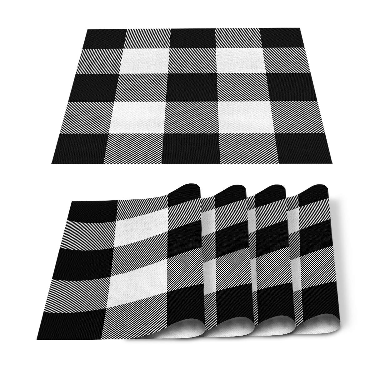 Geometric Placemats Set of 4 - Black White Plaid Linen Burlap Washable Table Mats for Dining & Kitchen - Protect Tables from Spills & Stains | Perfect for Everyday Meals, Dinner Parties & Holiday Gatherings