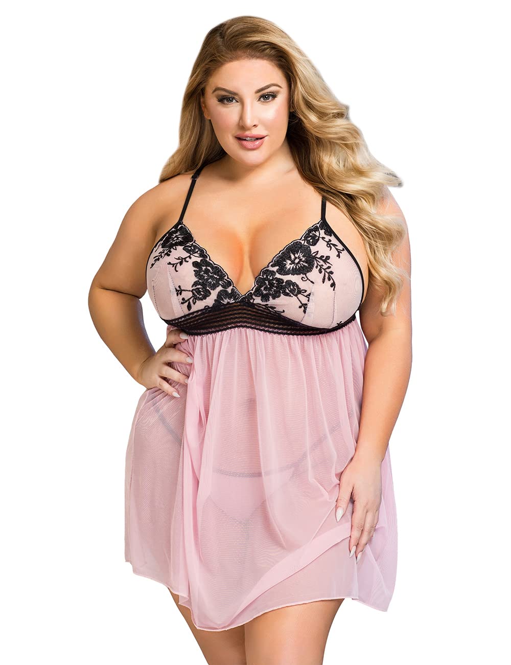 Ohyeah Women's Plus Size Babydoll Lingerie Set - Sexy V-Neck Pink Chemise Nightgown with Straps & Sheer Details | Perfect for Valentine's Day, Honeymoon & Romantic Nights