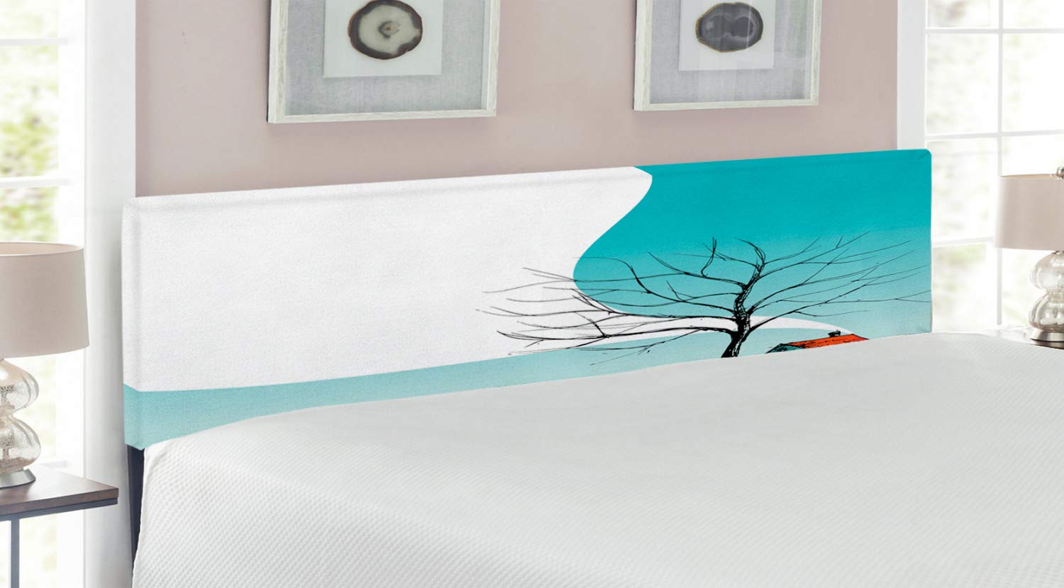 Lunarable Upholstered King Size Headboard with Memory Foam - European Northern Landscape House Illustration, Decorative Metal Bed Headboard for Bedroom, Multicolor | Perfect for Master Bedroom, Guest Room & Home Decor