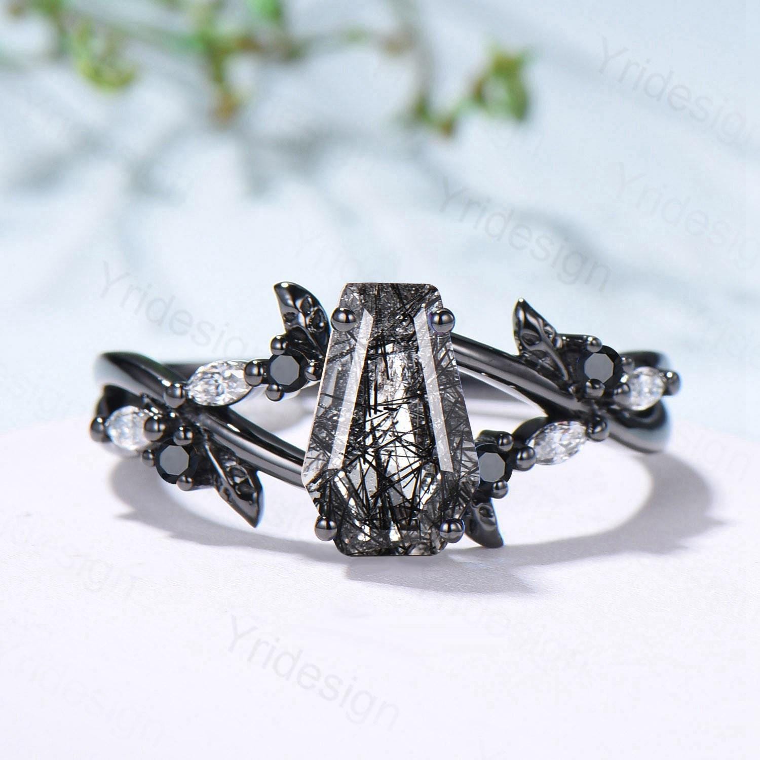 Art Deco Coffin Shape Black Rutilated Quartz Ring - Black Gold Shield Gothic Engagement Ring - Handmade Anniversary & Proposal Gift for Women - Perfect for Weddings, Gothic Fashion & Unique Jewelry Collections