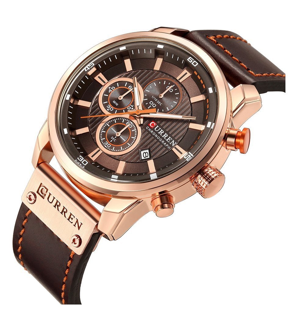 Men's Chronograph Sport Watch - Brown Leather Strap Quartz Analog Watch for Business Casual & Everyday Wear - Waterproof Wristwatch for Office, Dating & Outdoor Activities