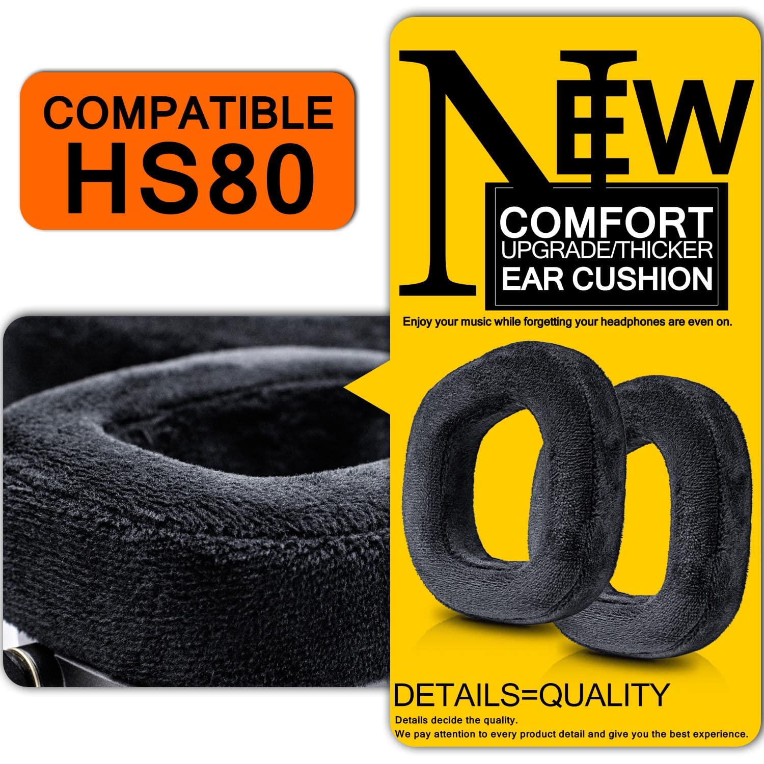 HS80 RGB Wireless Headset Replacement Ear Pads - Black Velour Memory Foam Ear Cushions for Comfort & Noise Isolation - Perfect for Gaming, Music & Long Wear Sessions