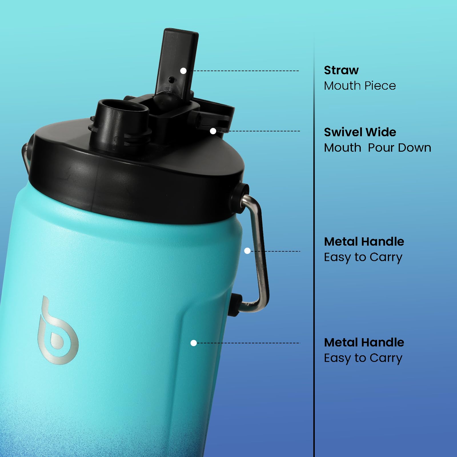 64oz Insulated Stainless Steel Water Bottle with Straw & Dual-Use Lid - Half Gallon Vacuum Thermos for Gym, Hiking & Sports - Blue Gradient Beer Growler with Handle - Perfect for Workouts, Camping & Outdoor Adventures