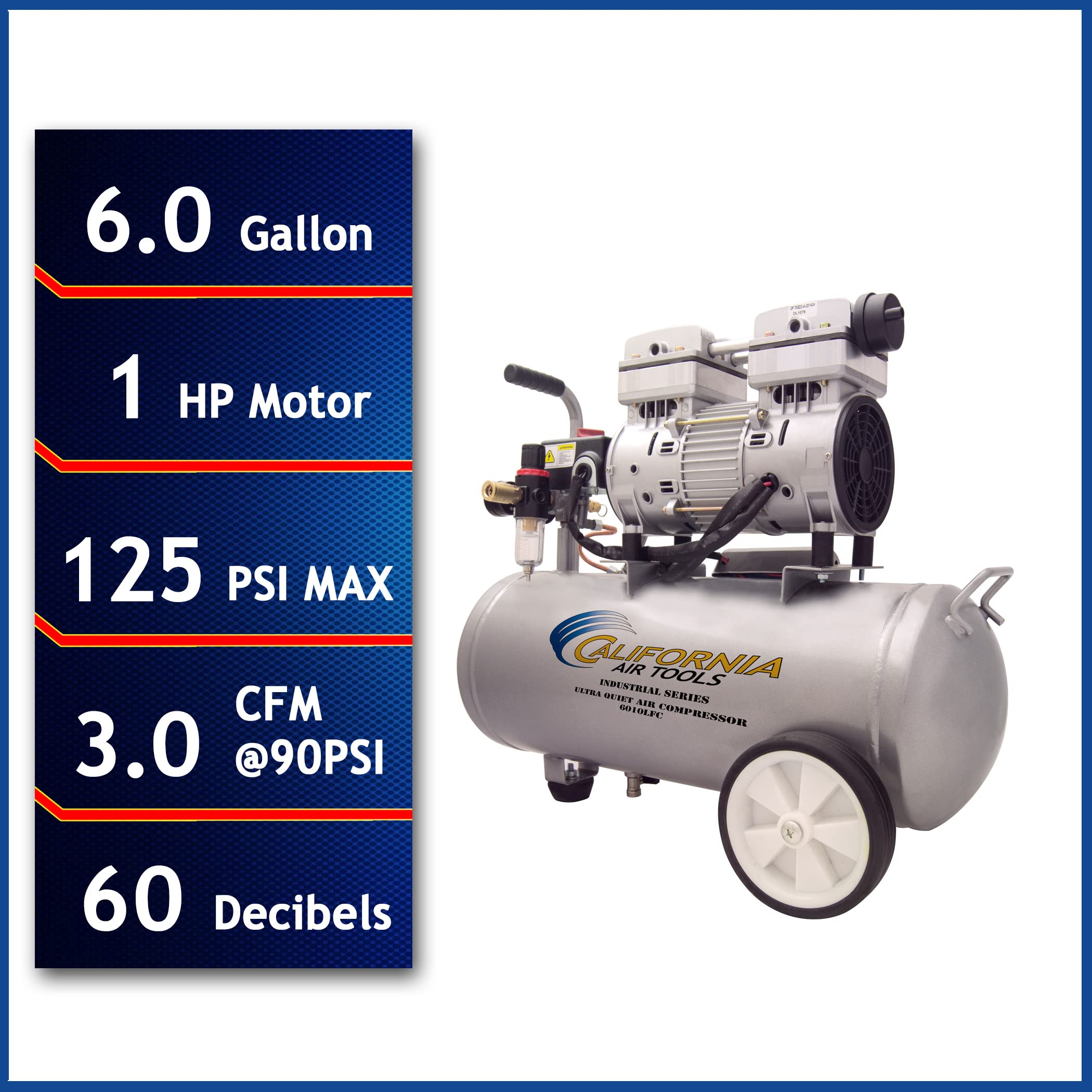 California Air Tools 6010LFC 1.0 HP Ultra Quiet Oil-Free Air Compressor - 6.0 Gallon Tank, 56 dB for Workshop, Garage & DIY Projects - Industrial & Home Use