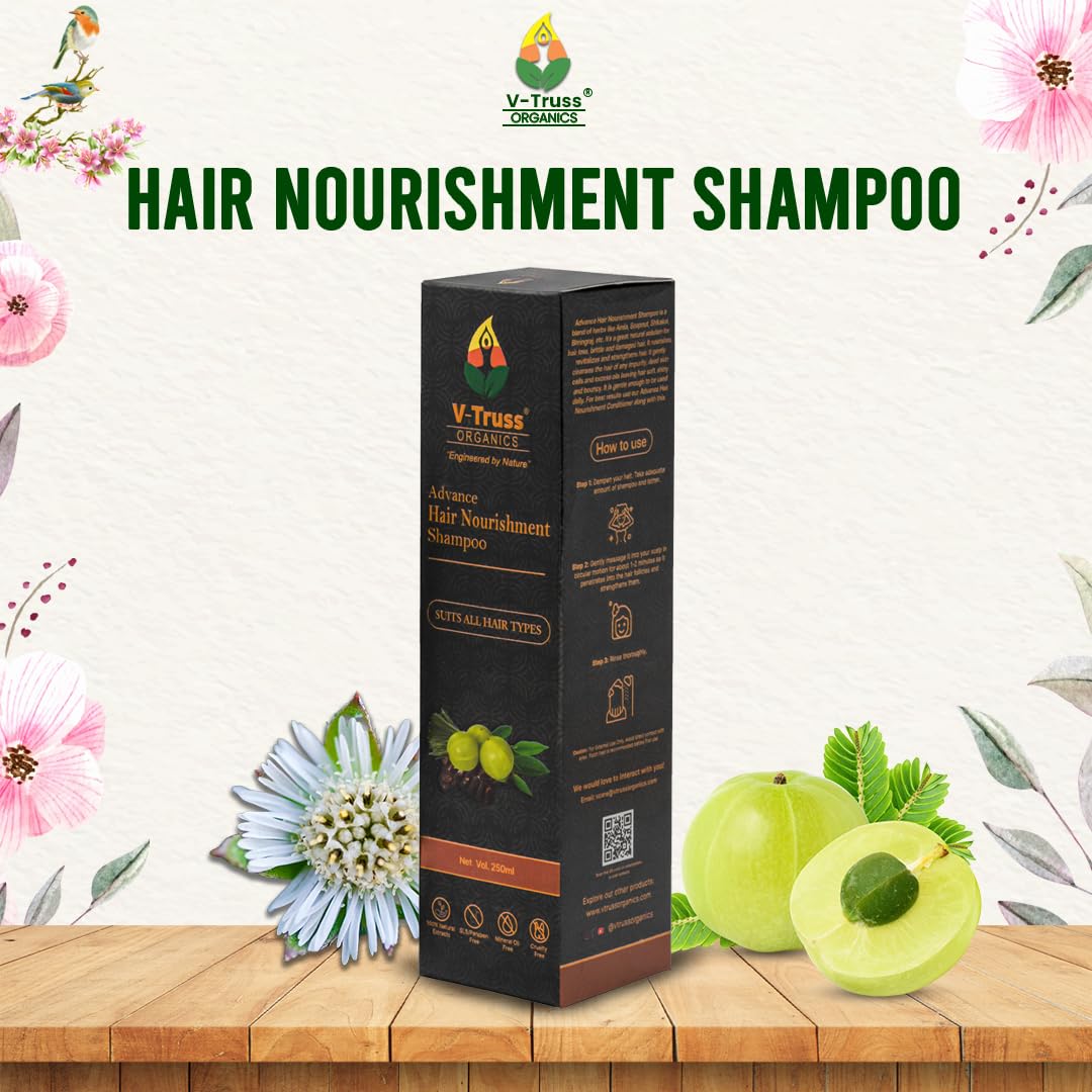 V-Truss Organics Natural Shampoo for Women & Men - Advanced Hair Nourishment, Daily Use Gentle Shampoo, Paraben & Sulfate Free (250ml) - Perfect for Dry, Damaged Hair & Scalp Care at Home or Salon
