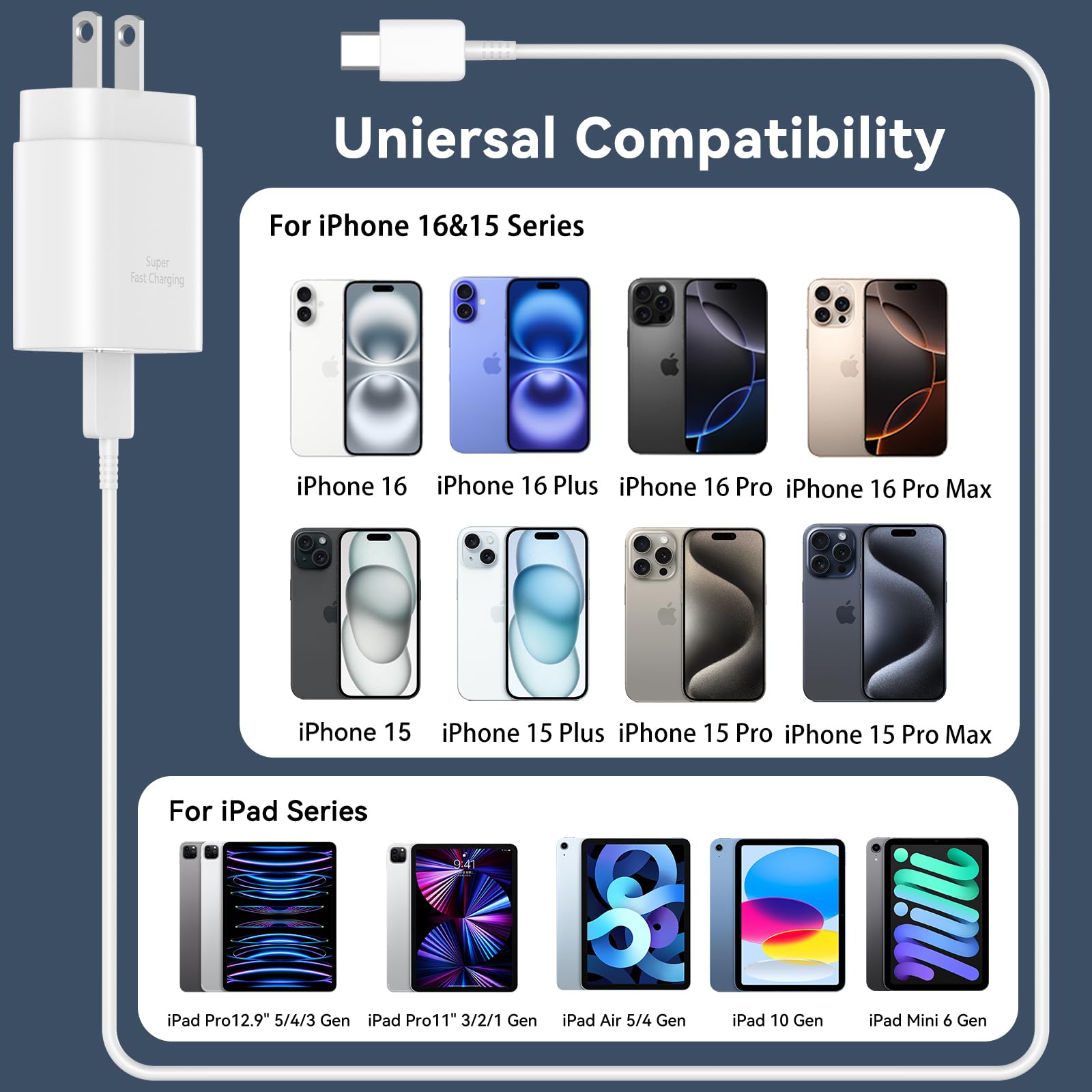 30W USB C Fast Charger for iPhone 16/15 Pro Max - 3 Pack with 6.6ft & 10ft Long Cables | Quick Charging Block Compatible with iPhone 16 Series & 15 Pro Models | Perfect for Home, Office & Travel Charging