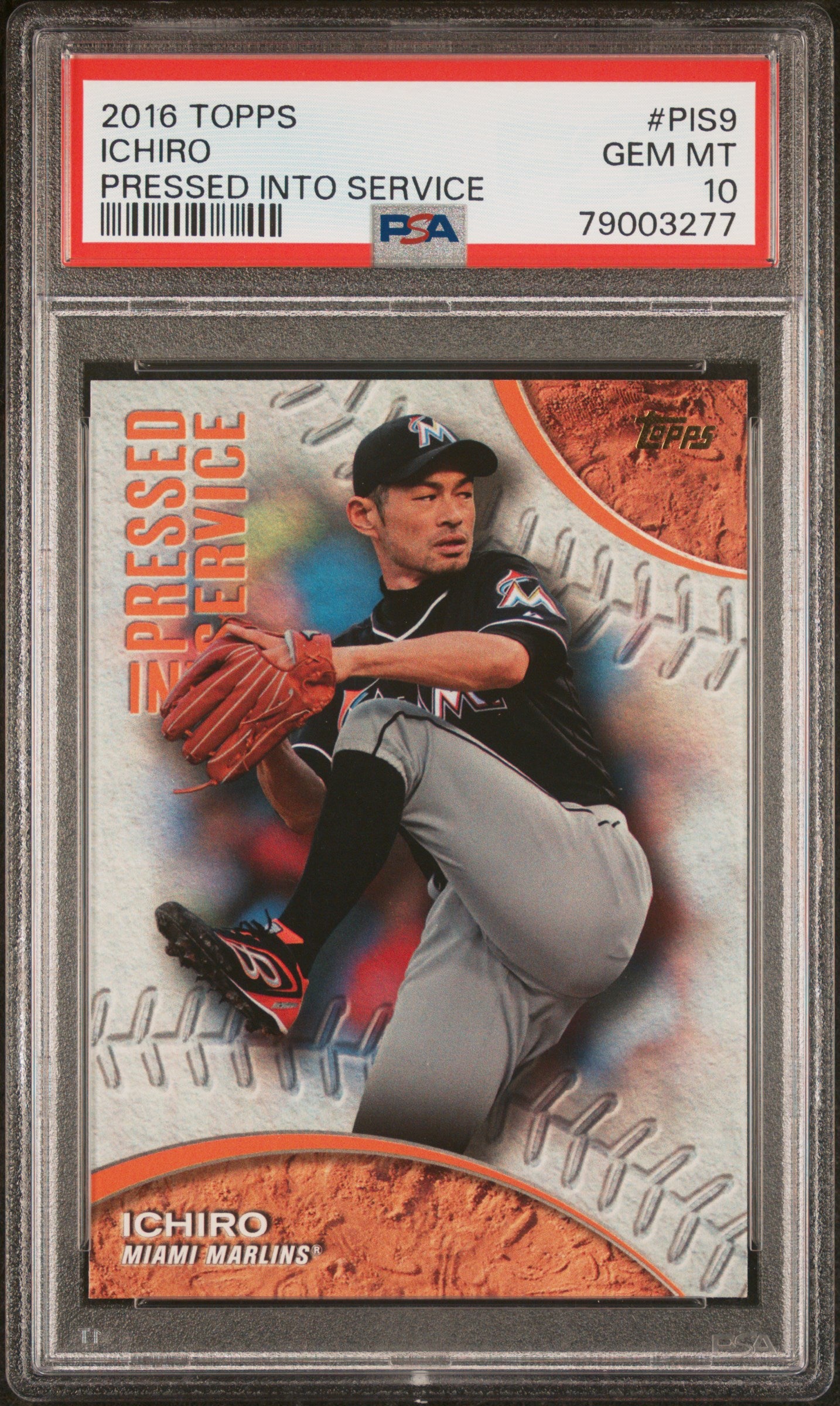 2016 Topps Pressed Into Service Ichiro #PIS9 PSA 10 Gem Mint Baseball Card - Perfect for Collectors and Display in Sports Memorabilia Rooms